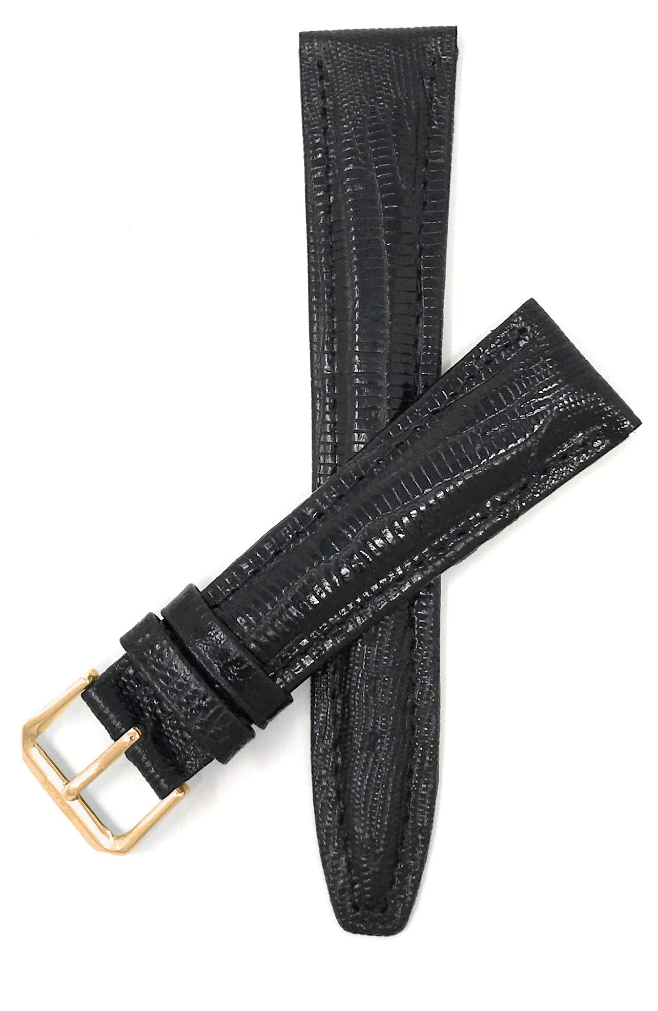 Bandini 18mm Italian Leather Watch Band Strap - Black - Lizard Pattern - Glossy - Gold Buckle
