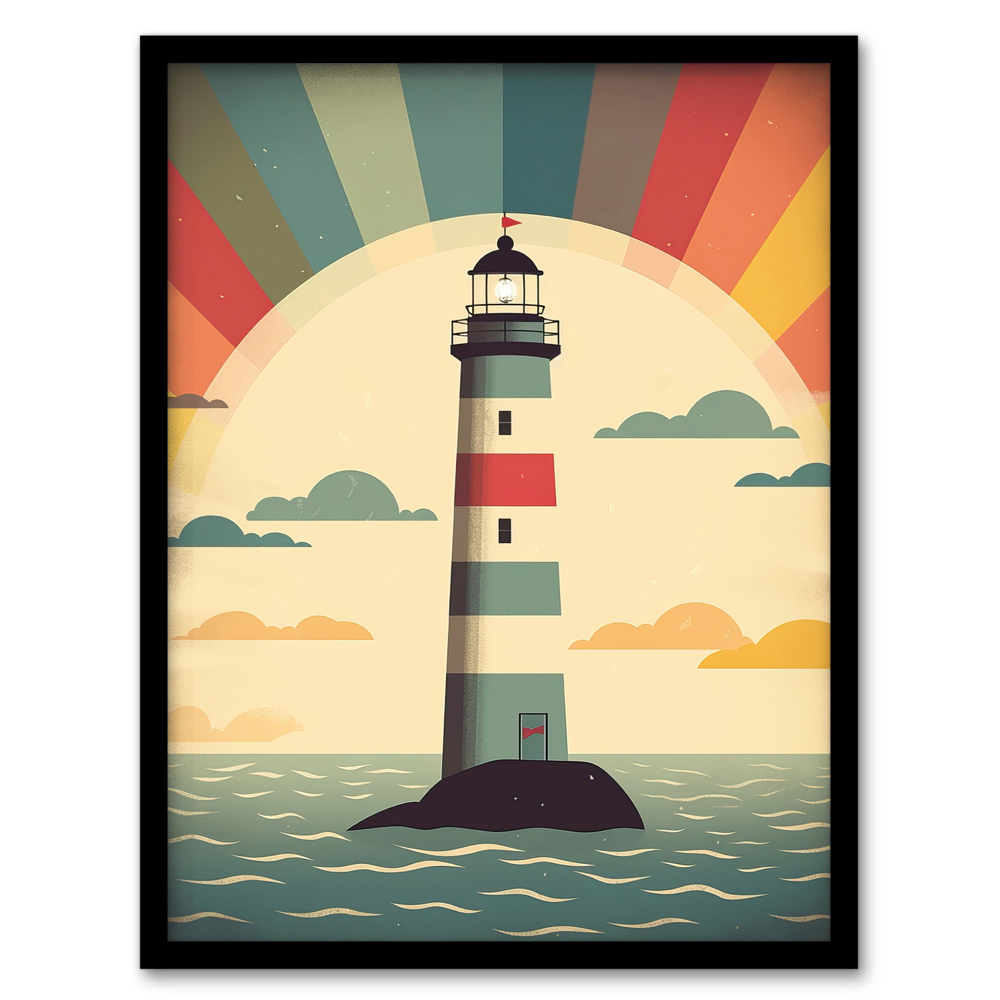 Artery8 Retro Lighthouse Bathroom Art Sunrise Mid Century Modern Flat Vintage Style Artwork Framed Wall Art Print 18X24 Inch