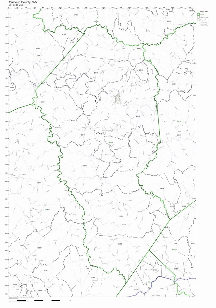 Calhoun County, West Virginia WV ZIP Code Map Not Laminated