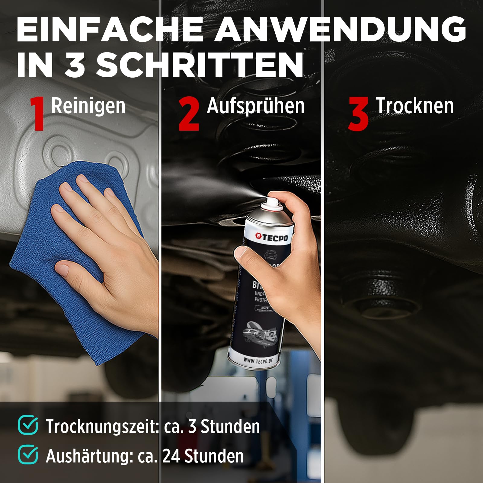 TECPO Protezione per sottoscocca bitume, 36 x 500 ml, nero, protezione contro pietrisco, protezione contro pietrisco, ruggine, sostanze chimiche con effetto anti-rombo