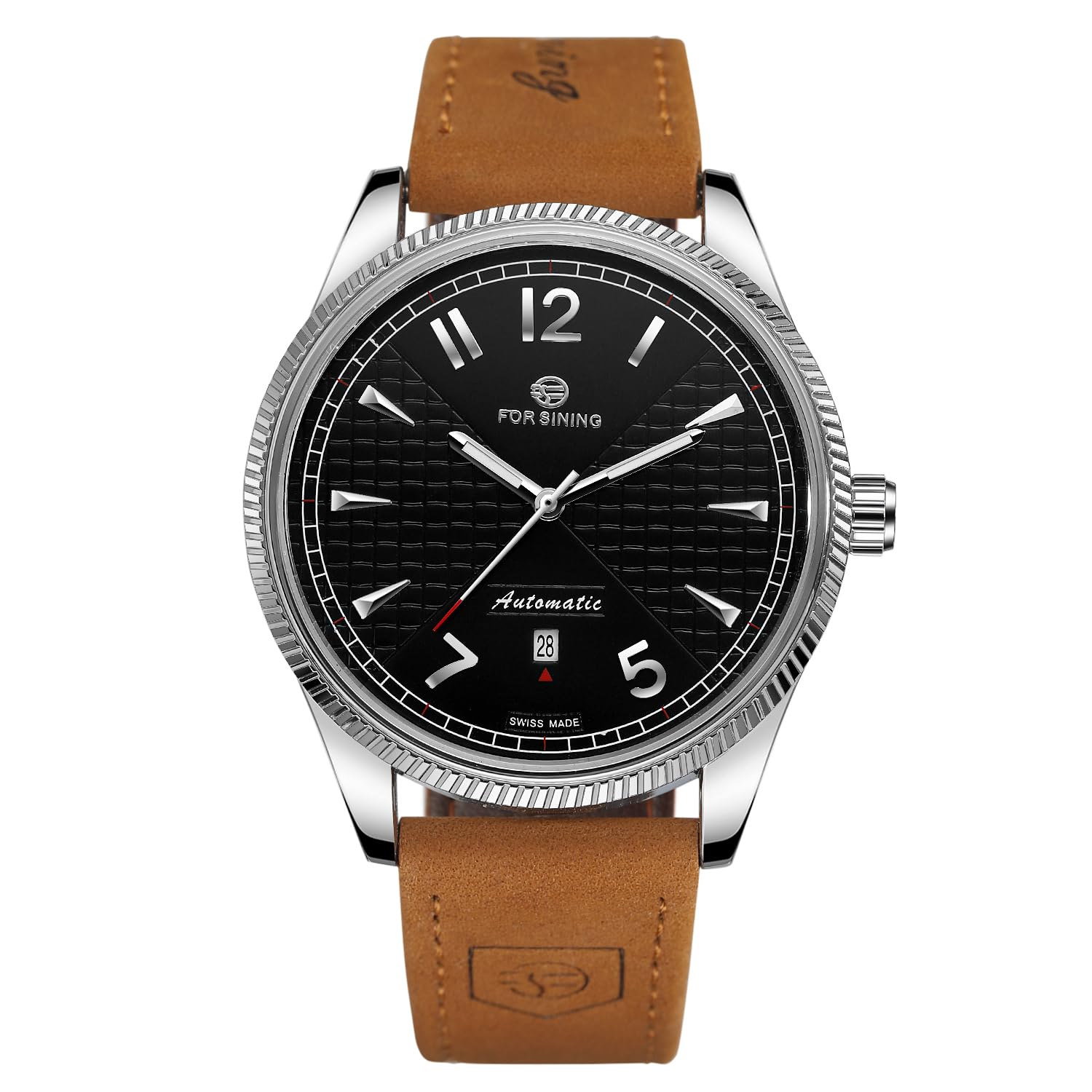 FORSINING Herren-Armbanduhr mit mechanischem Handaufzug, analog, Sport-Stil, mit Lederband, Schwarz , Armband