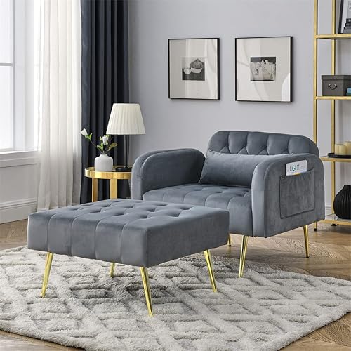 TRIPLE TREE Silla diván de terciopelo sofá cama convertible con respaldo ajustable y almohada sillón reclinable individual con otomana silla