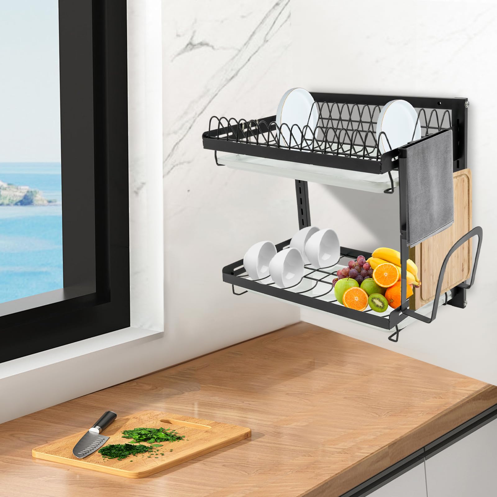 Escurridor de Platos de 2 Pisos Escurreplatos sobre Fregadero Organizador de Utensilios Escurreplatos Dish Drying Rack para Platos Fijación Pared Estante Fregadero para Hogar, Salón Té, Bar