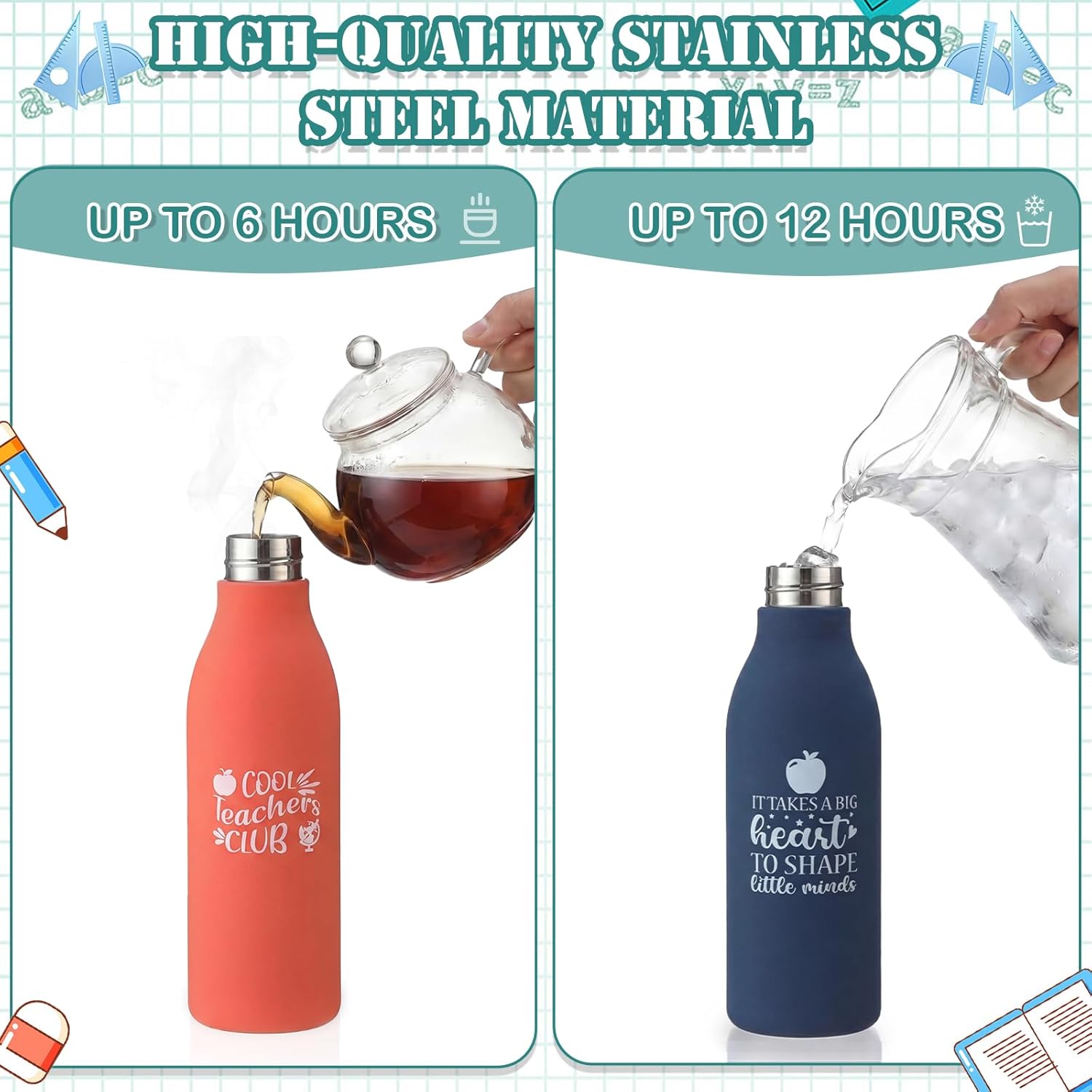 LemonRoad 10 Pack Teacher Appreciation Gifts Bulk 17 oz Insulated Stainless Steel Water Bottles Tumbler Cup with Inspirational Quotes for Women Teacher Week, Mixed Colors(Motivational)