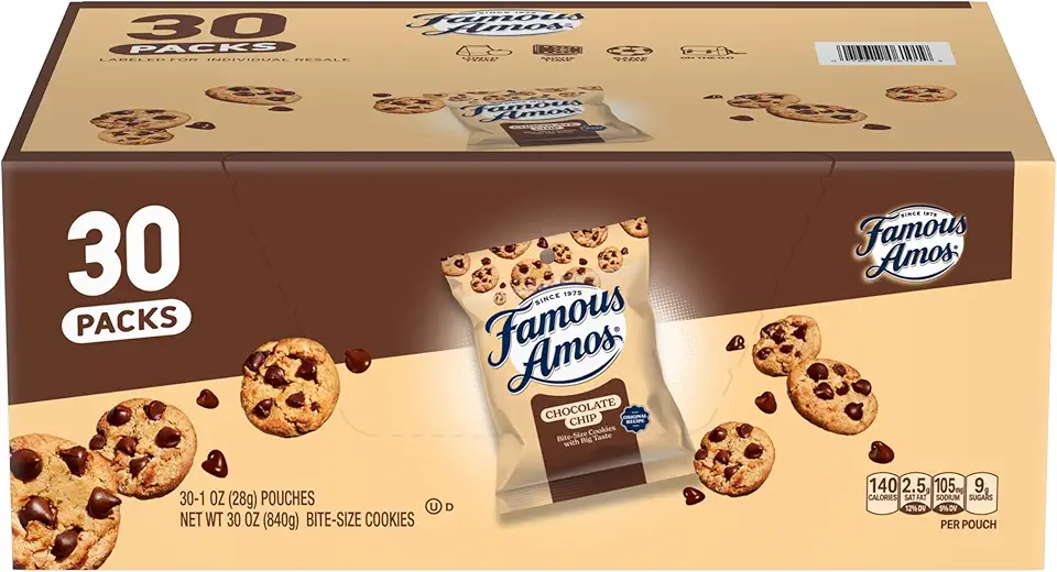 Famous Amos Original Recipe Chocolate Chip Bite-Size Cookies, 30 Pack Box, 30 oz