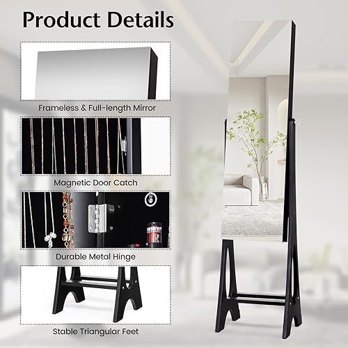 Vista 6 de COSTWAY Armario de joyería con espejo de 12 LED, organizador de almacenamiento de joyas independiente con espejo de longitud completa, Armario