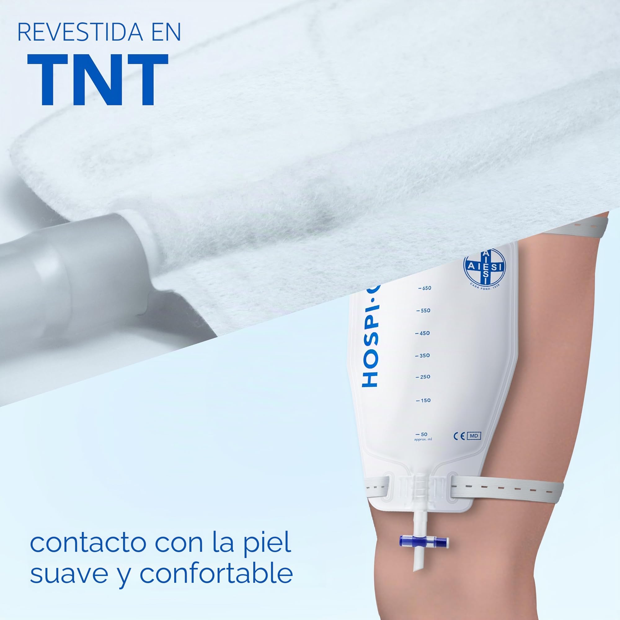 AIESI® Bolsas de orina de piernas capacidad de 750 ml tubo de 10 cm con grifo de descarga cruzado (T) y válvula antirreflujo HOSPI-GO (Paquete de 10 piezas), Espalda en TNT transpirable