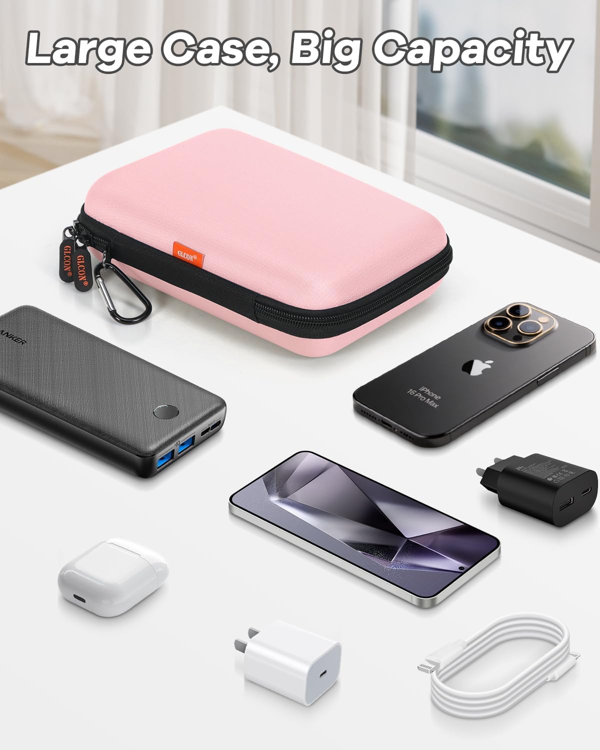 Large Hard Carrying Case - Universal Electronic Organizer Storage Case Bag - Gray-Green + Gentle-Pink