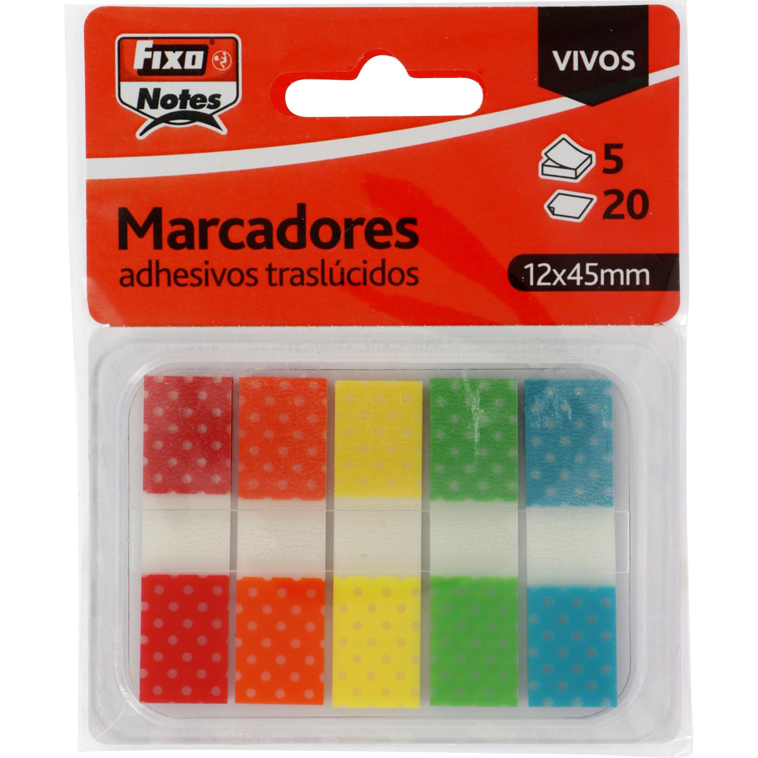 Fixo Notes | Transparent Adhesive Markers | 5 Colours with Polka Dots | Has Dispenser | 12 x 24 mm | Blocks of 20 Sheets | Translucent Plastic Indices | Repositionable | Water Resistant