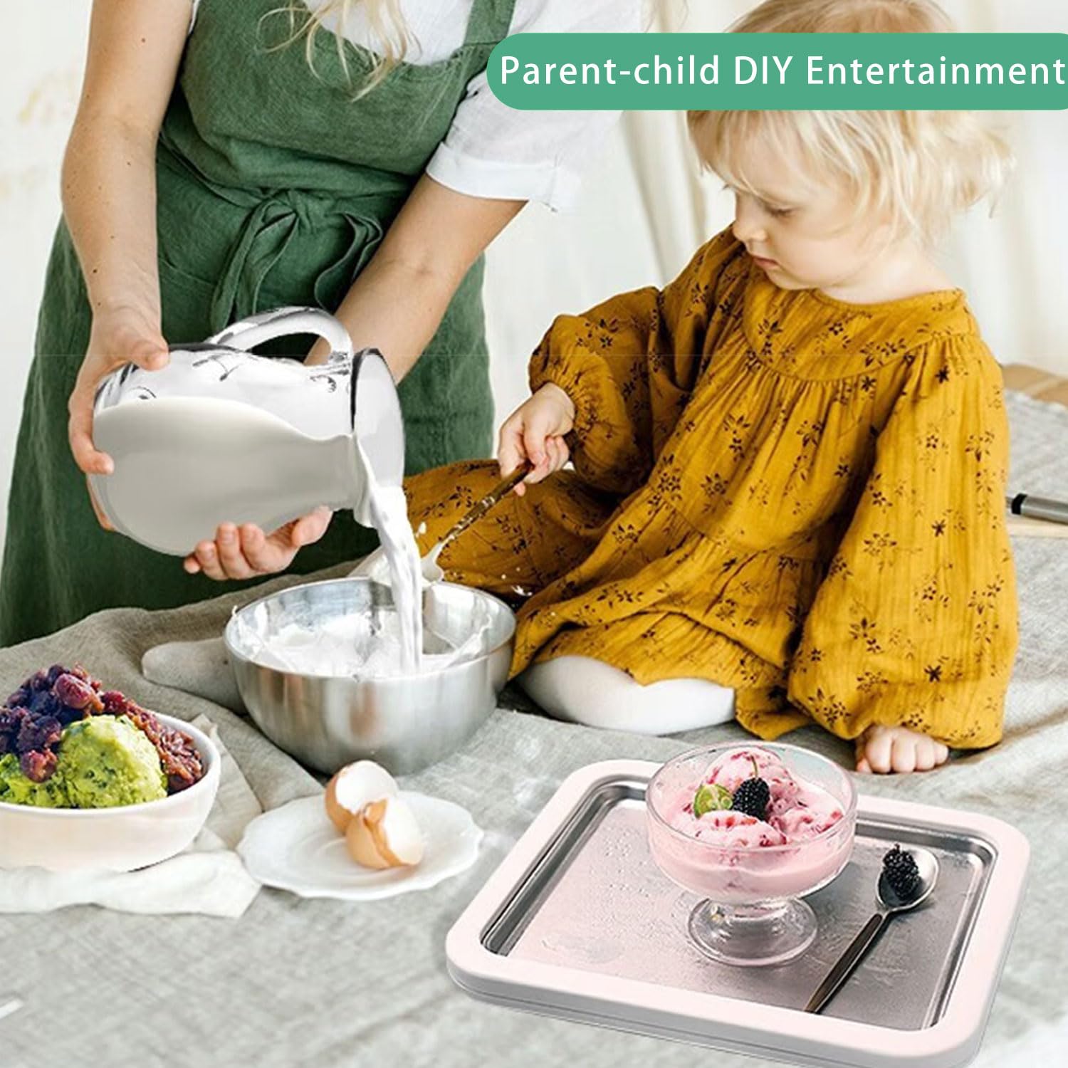 Máquina de rodillos de helado instantáneo con 2 espátulas, máquina de helado enrollada de 26 x 21 cm para sorbete, yogur congelado, helado, helado, máquina casera para hacer yogur congelado para niños