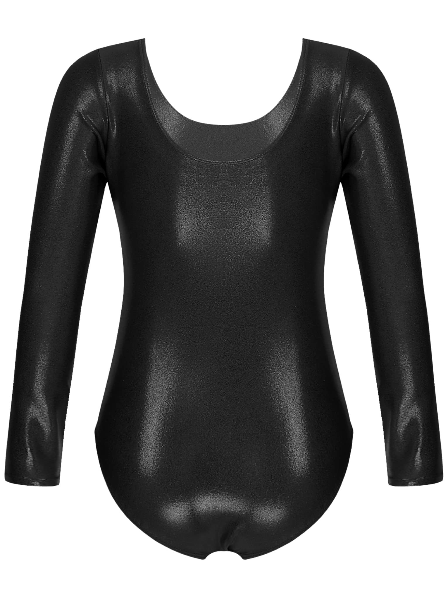 Mufeng Kids Girls Long Sleeves Shiny Metallic Ballet Latin Dance Unitards Round Neck Athletic Bodysuit Activewear Black 9-10 Years