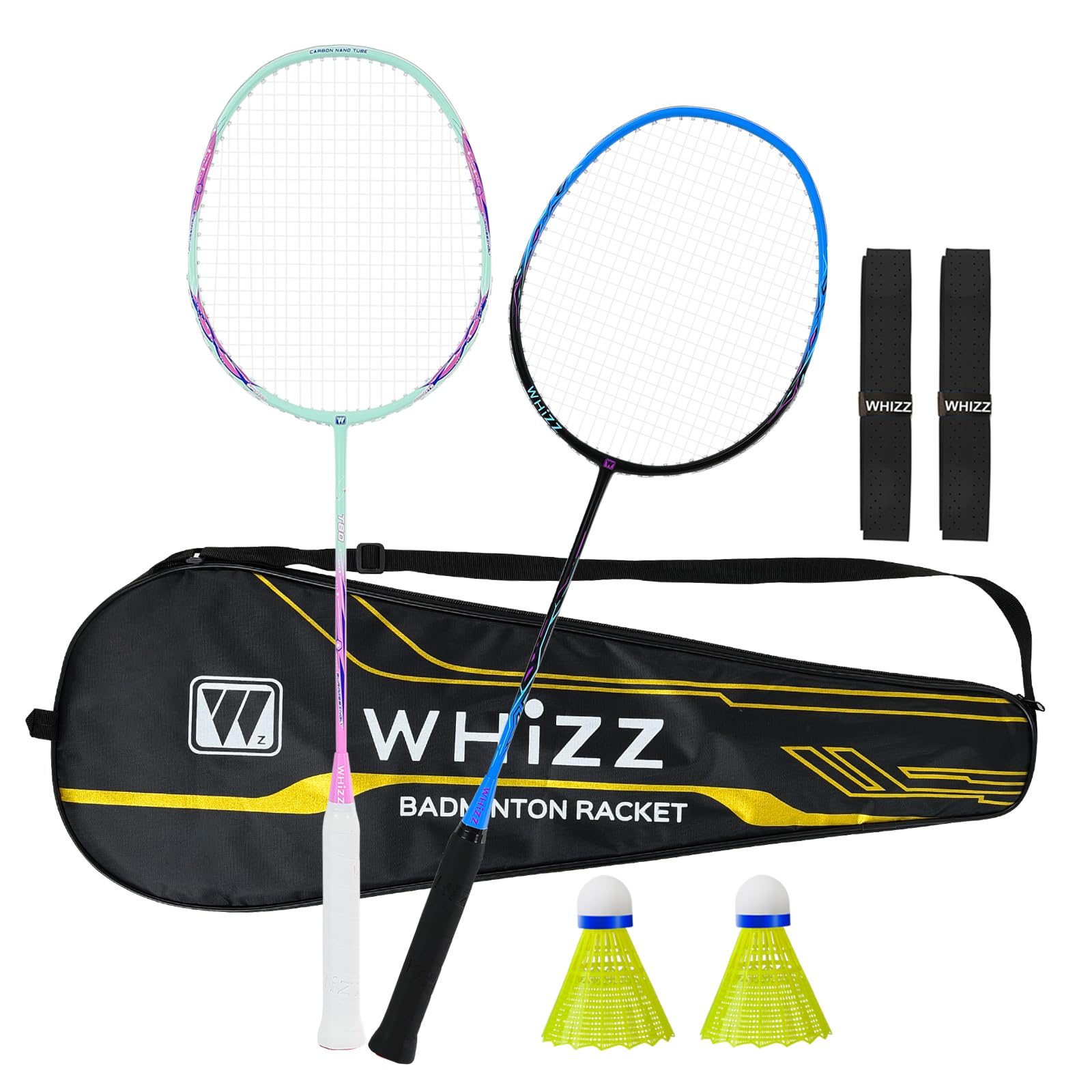 BAIHUALIN WHiZZ T80 Carbon Graphite Badminton Racquet, Lightweight Badminton Racket + Carrying Bag + Grip Tape + Shuttlecock, Blue+Pink