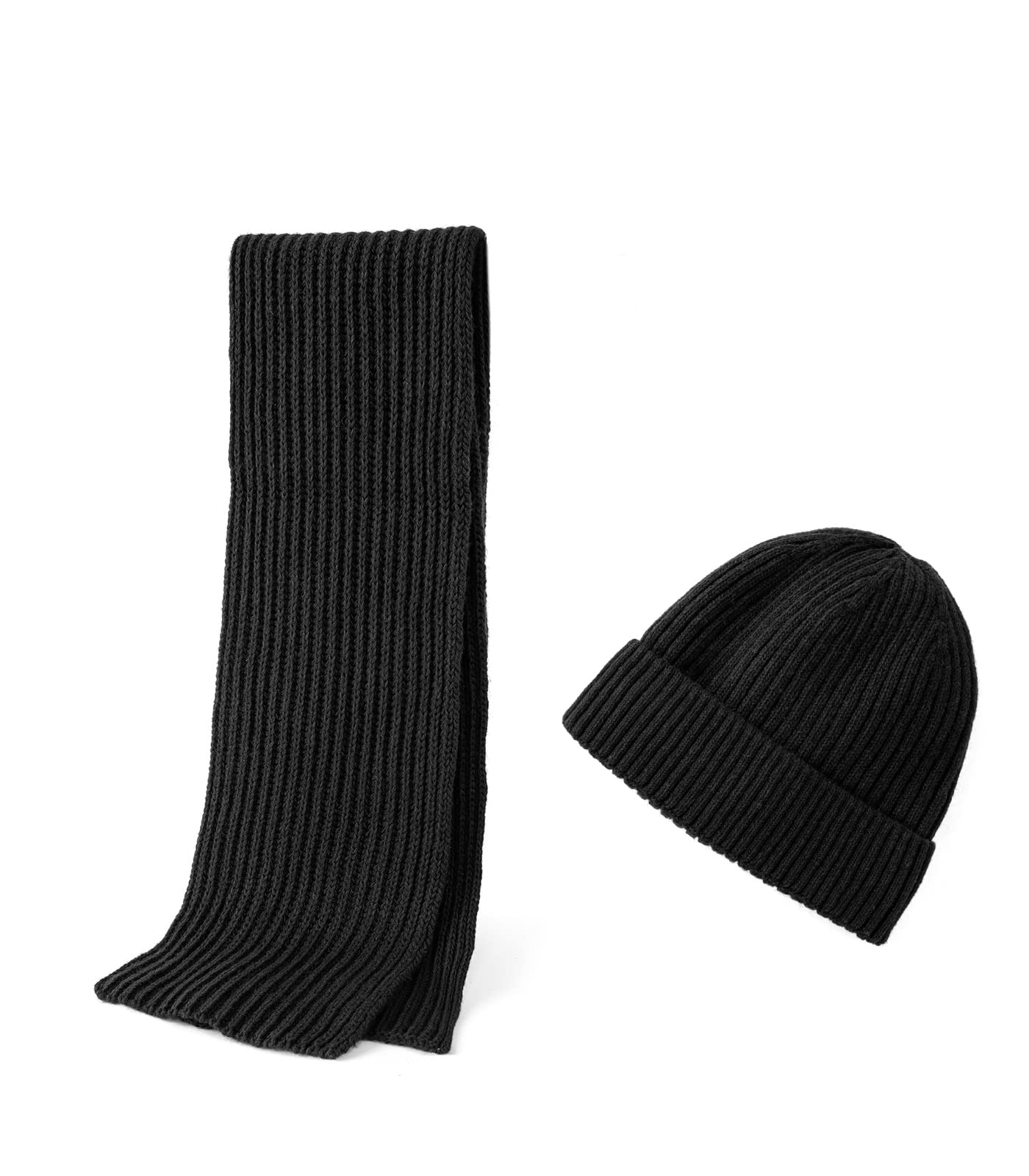 Embouro 2PCS Merino Wool Knit Beanie Scarf Set for Men & Women, Winter Soft Warm Long Scarves with Wool Beanie Hat (Black)