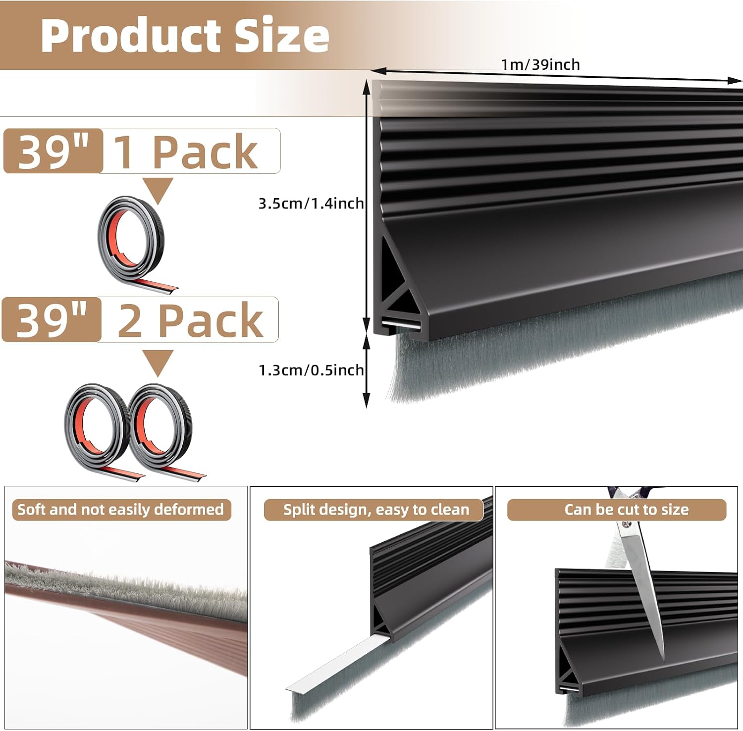 KNEELISA 39”X 1 Pack Rubber Door Sweep Bottom Exterior & Interior,Silicone Adhesive Under Door Draft Stopper with Brush,Gap Filler Noise Blocker,Soundproofing Seal Strip,Black