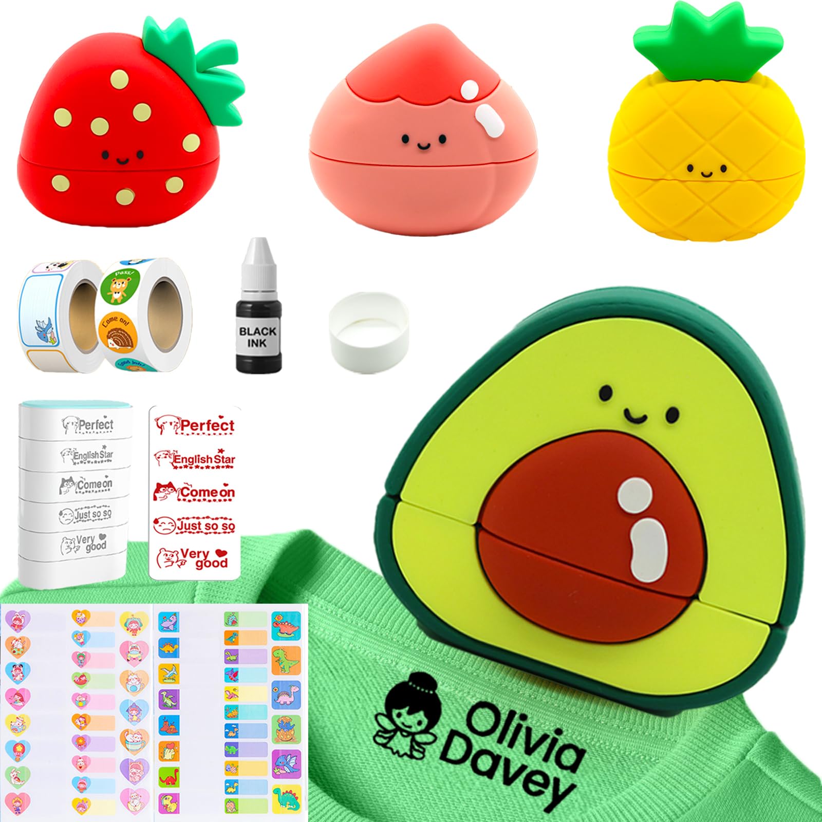 Sello Ropa Niños Personalizado, Sello Nombre Ropa Niños, Marcador Ropa Niños, Infantil Textil Resistente Impermeable, Personalizadas Variedad de Estilos y Iconos Etiquetas (fruit)