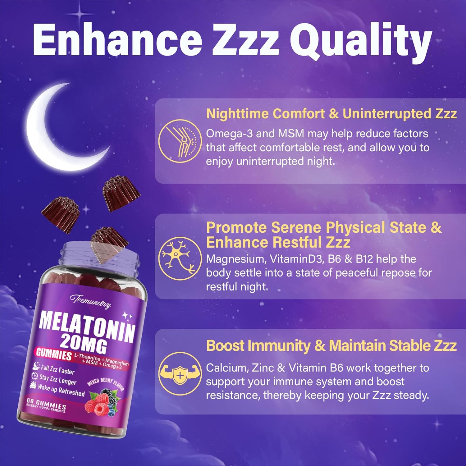 Melatonin Gummies 20mg for Adults - Maximum Strength Melatonin Gummies with L-Theanine, Magnesium, Omega-3, MSM, D3 & Zinc - Non-Habit Forming, Vegan, Non GMO, Natural Mixed Berry Flavor - Image 4