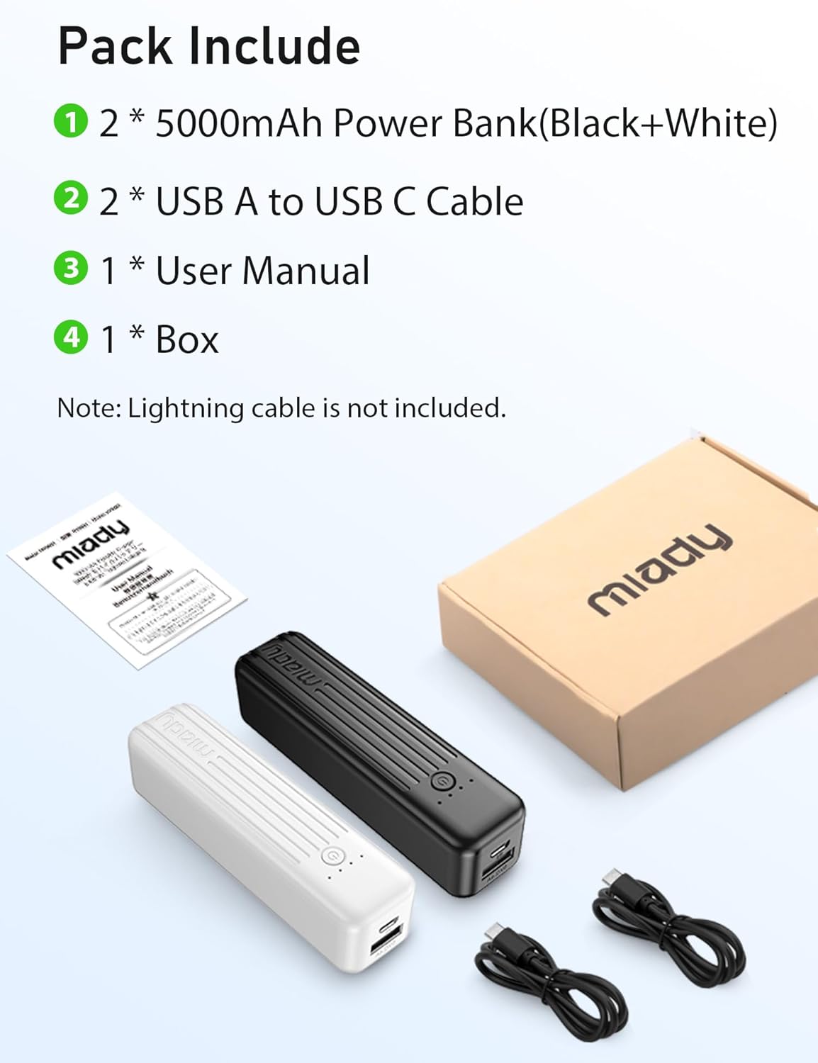 Contents of the Miady portable charger package, including two power banks, two USB-A to USB-C cables, and a user manual, laid out next to the product box.