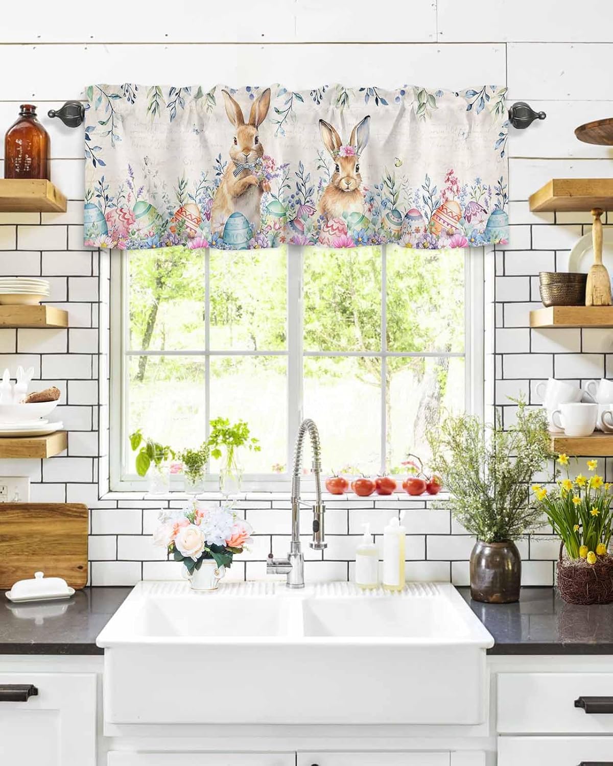 Easter Bunny Window Valance Curtains Easter Rabbit Eggs Spring Flowers Eucalyptus Retro Chicken Valance Tier Curtain Rod Pocket Valance for Kitchen/Bedroom/Living Room/Bathroom, 1 Panel, 60x18 Inch