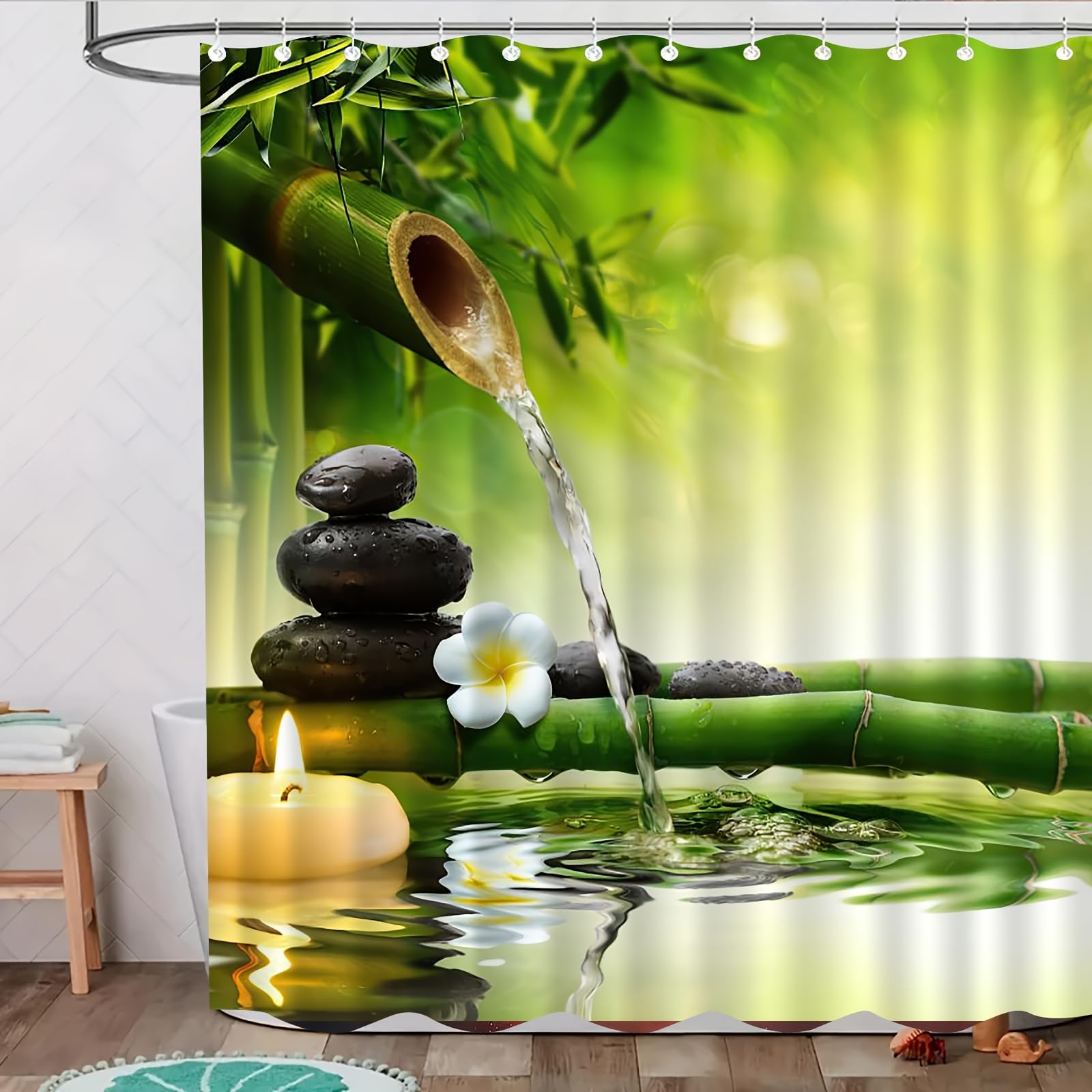 1 pièce 180x220CM Motif Bambou imprimé Rideau de Douche avec Crochets, en Polyester, pour fenêtres et Murs, Baignoire, Salle de Bain, Lavable en Machine, Toutes Saisons.