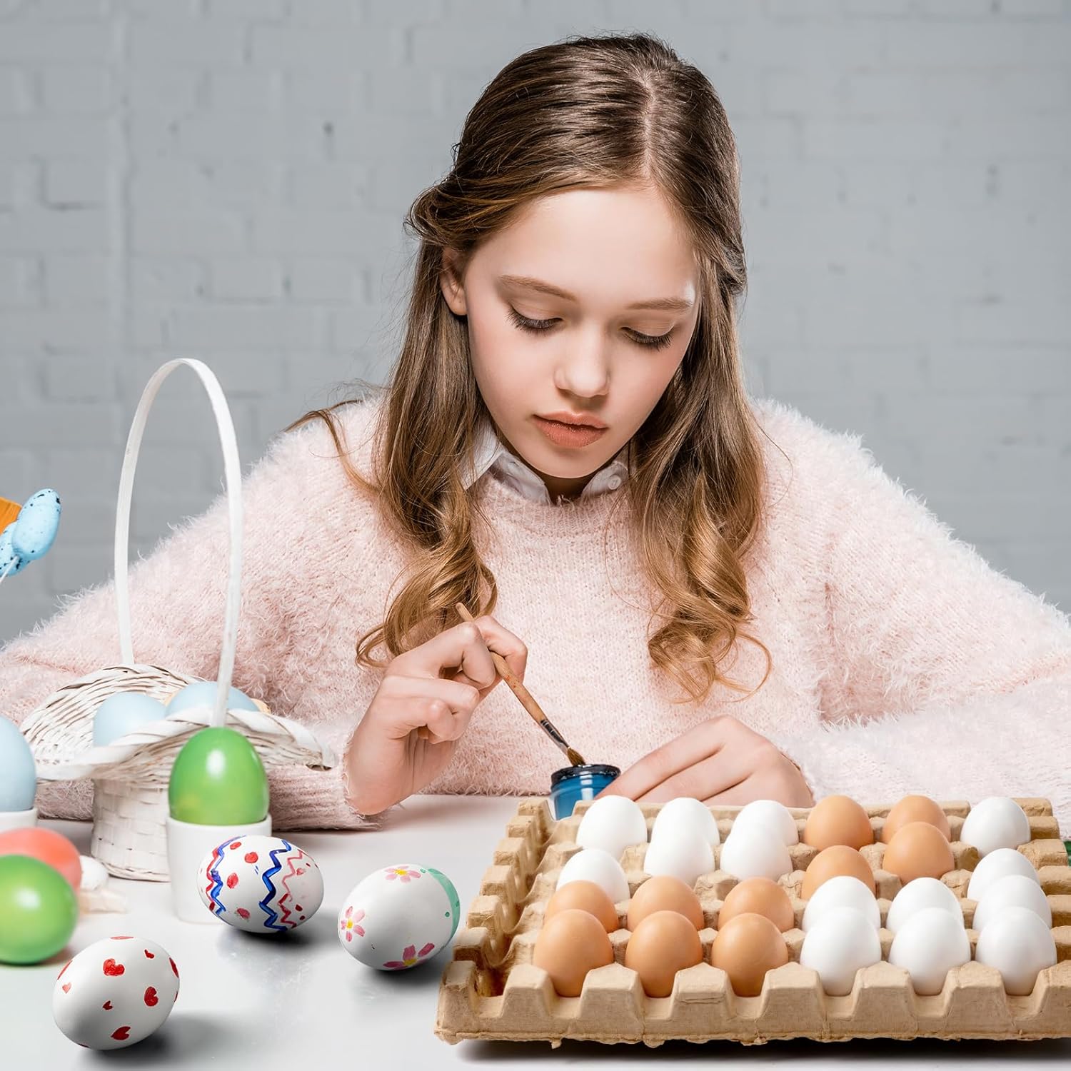 Beeveer 120 Pcs Unpainted Easter Wooden Eggs, Wood Easter Eggs to Paint with Natural Pulp Egg Cartons, Fake Eggs for Easter Egg Decorating, DIY Game, Kitchen Craft Adornment (White,Natural)