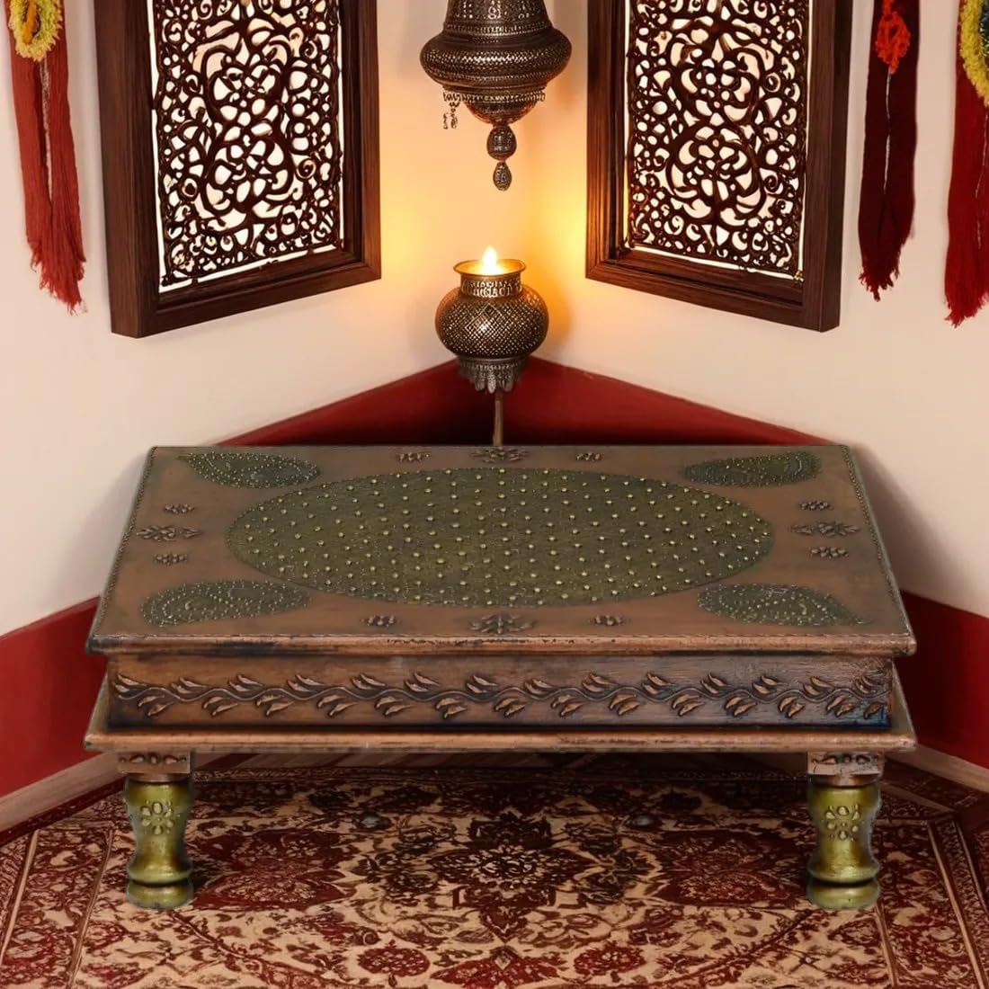 Wooden Copper Finish Puja Patla |Pooja Chowki | Wooden Bajot| for Pooja, Home Decor & Festivals,18 * 18 (Color:-Copper)