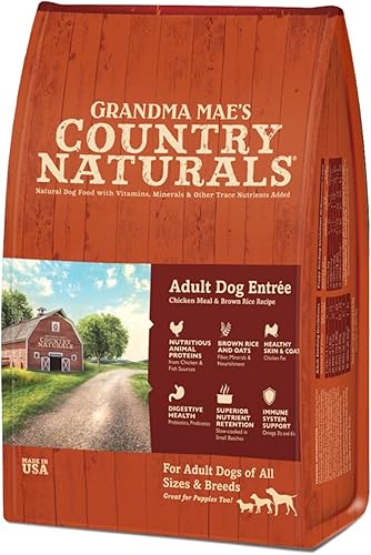 Grandma Mae's Country Naturals Alimento seco para perros, fórmula de estómago sensible para adultos, pollo y arroz integral, cocción lenta y rica en