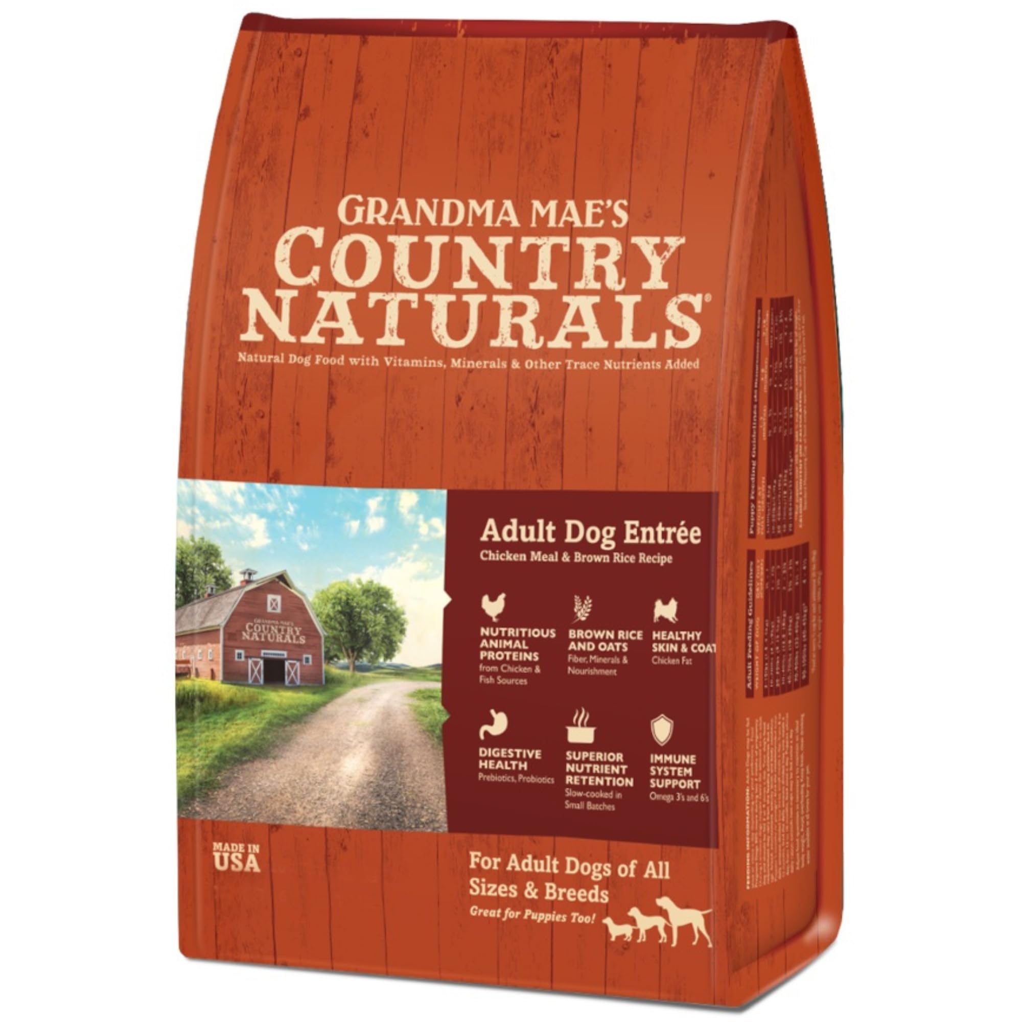 Grandma Mae’s Country Naturals Dry Dog Food, Adult Sensitive Stomach Formula, Chicken & Brown Rice, Slow Cooked & Nutrient Dense, Made in USA, 12 LB Bag