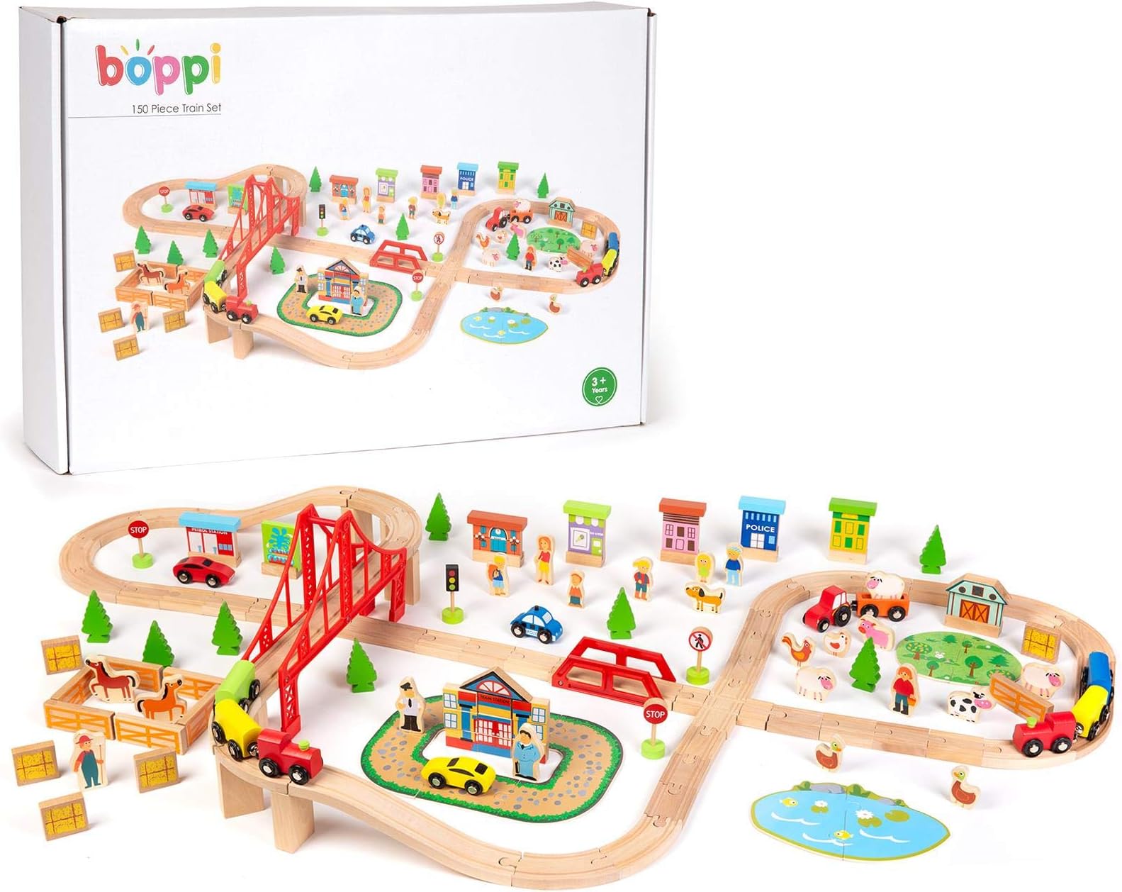 boppi Large Wooden Toy Train Set 150 Pieces with Play Accessories | Farm Animals City Cars Tractor Bridge 2 Trains with Carriages 44 Piece Railway Track | Toys for Kids Aged 3 Years Plus