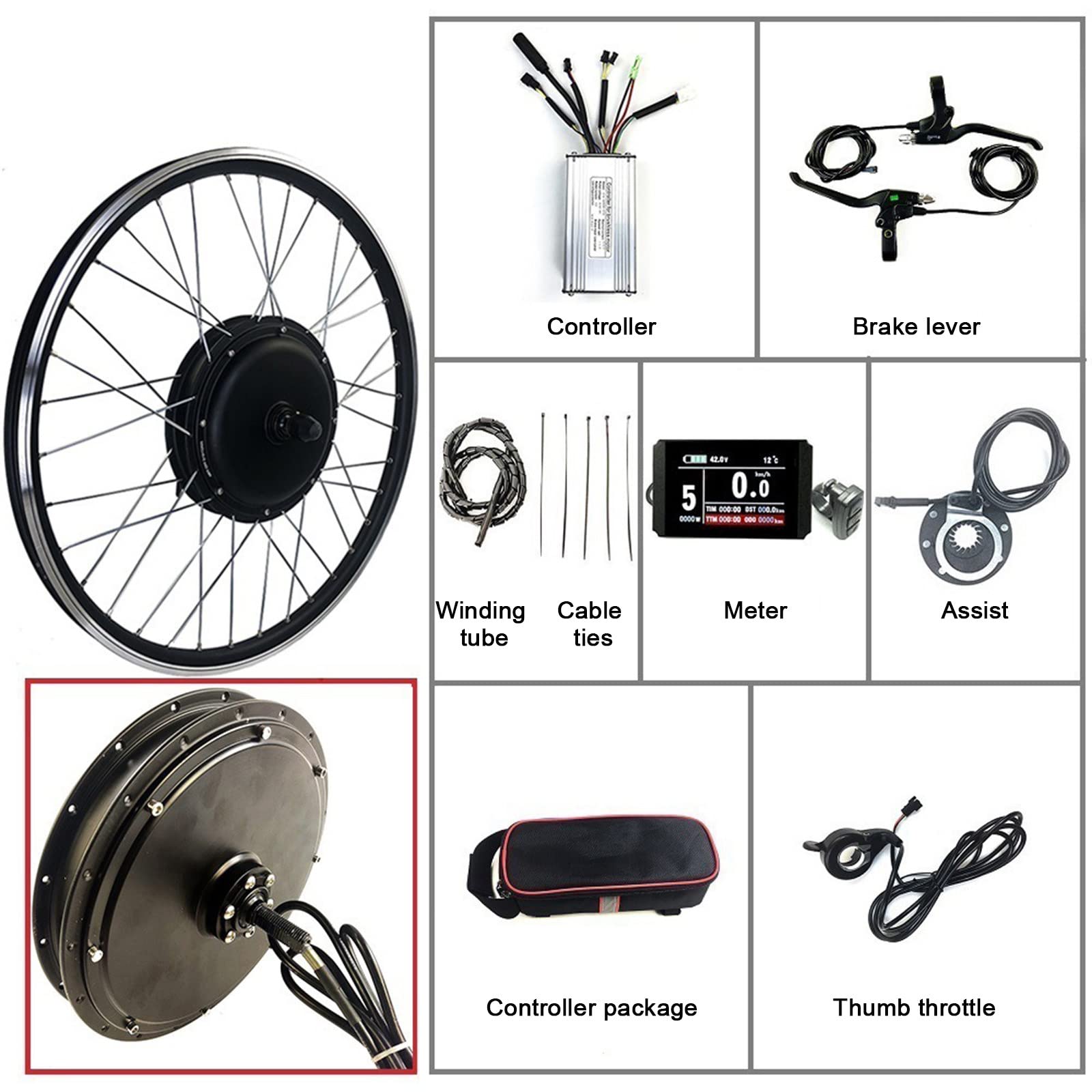 500W 1000W 1500W Nabenmotor Elektrofahrrad Umbausatz, 20 24 26 27,5 28 29 Zoll 700C Frontantrieb Vorderrad, für 48V Batterie E-Bike,500W-20in