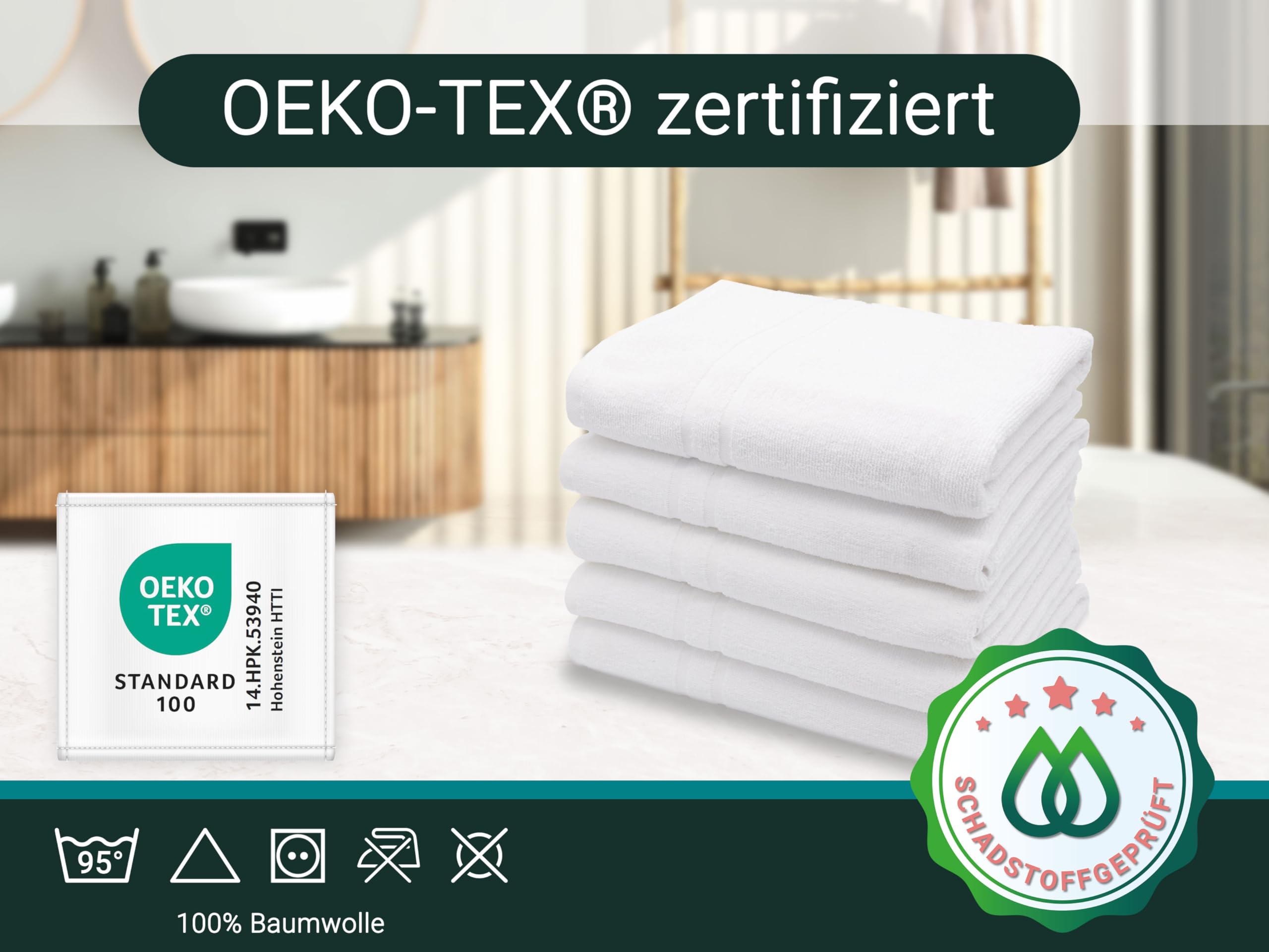 ZOLLNER 5er Set Duschtücher in 70x140 cm - Baumwolle - hochwertiges Zwirnfrottier - in weiß - Hotelqualität - Oeko Tex® Zertifiziert