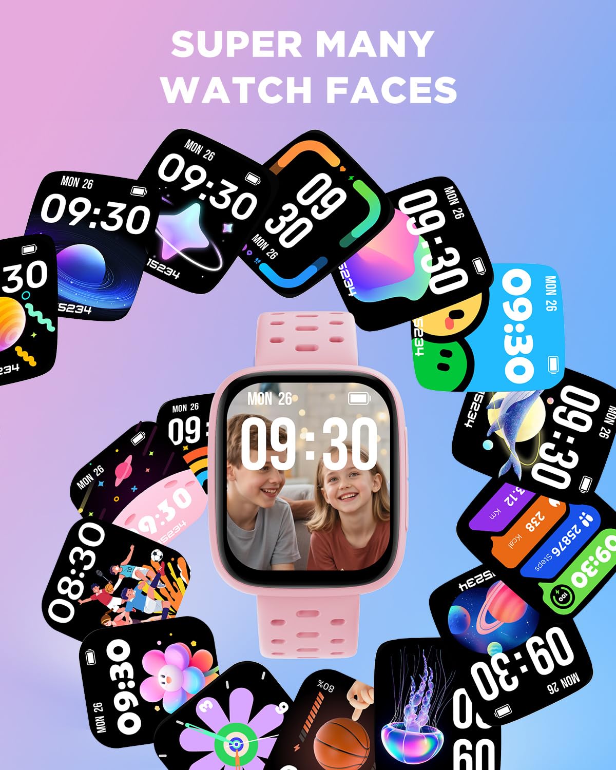 BIGGERFIVE Inteligentny zegarek dla dzieci, 1,8" Amoled Bransoletka aktywności | Krokomierz, tętno, wodoodporny 30m, monitor snu, budzik, gry z/bez aplikacji, różowy