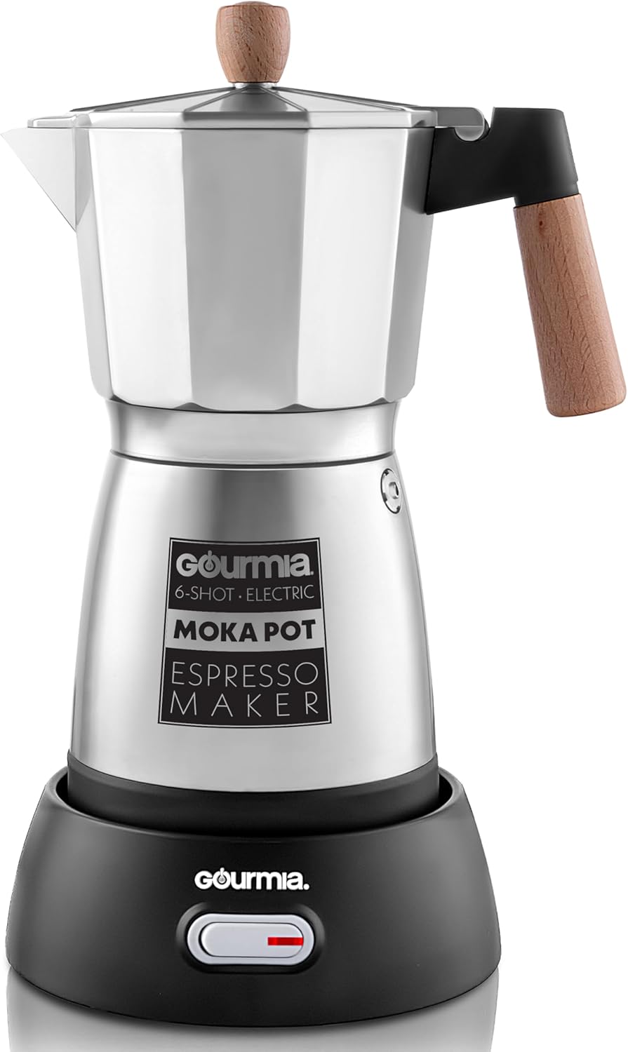 Gourmia Electric Moka Pot Espresso Maker – 6 Shot Italian-Style Coffee Brewer, 550W Detachable 360° Cordless Base, Food-Grade Aluminum, Beechwood Handle