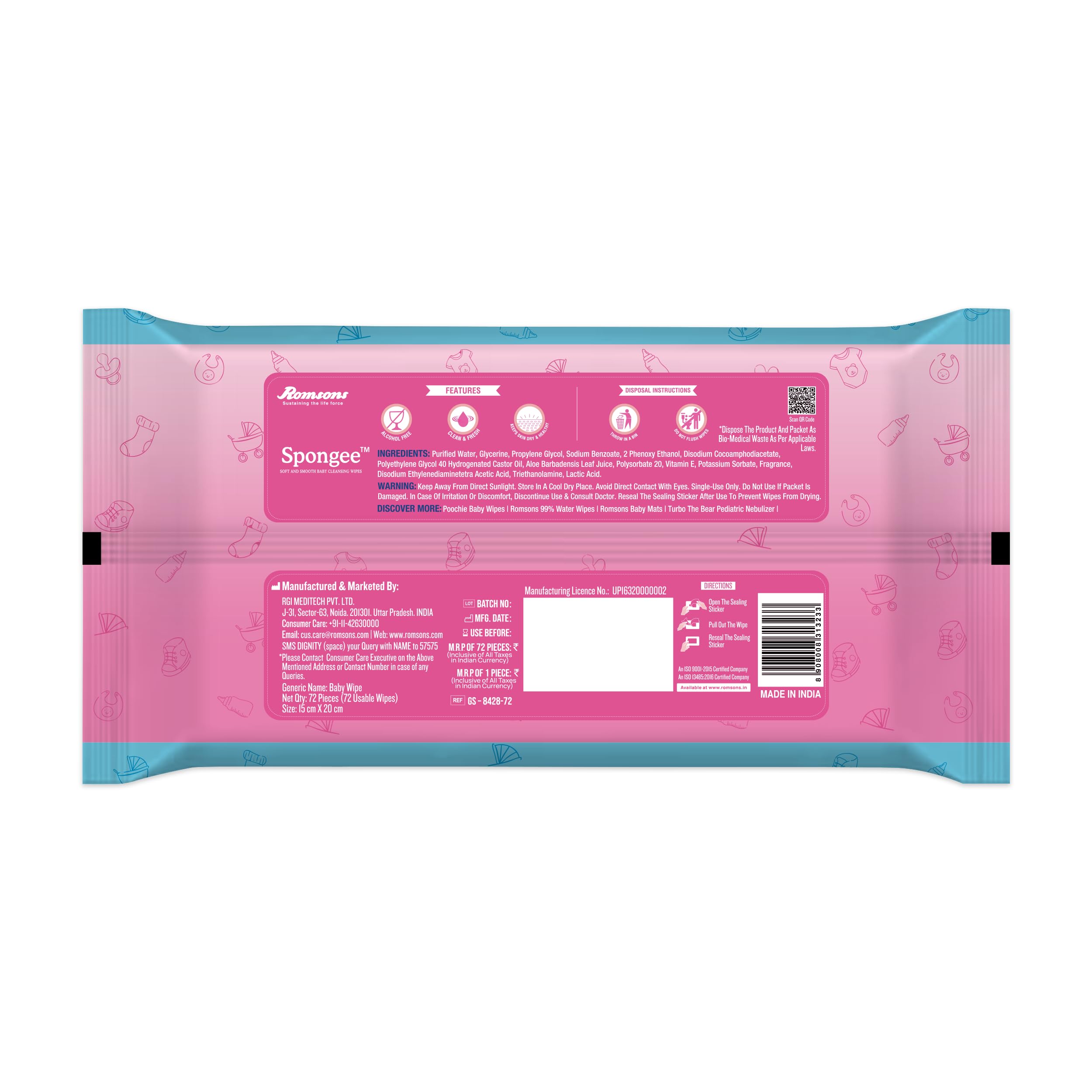 Dignity Spongee Soft and Smooth Baby Cleansing Wet Wipes with Aloe Vera Extract, 150x200 mm (Pack of 6) 432 Wipes - Image 2 thumbnail