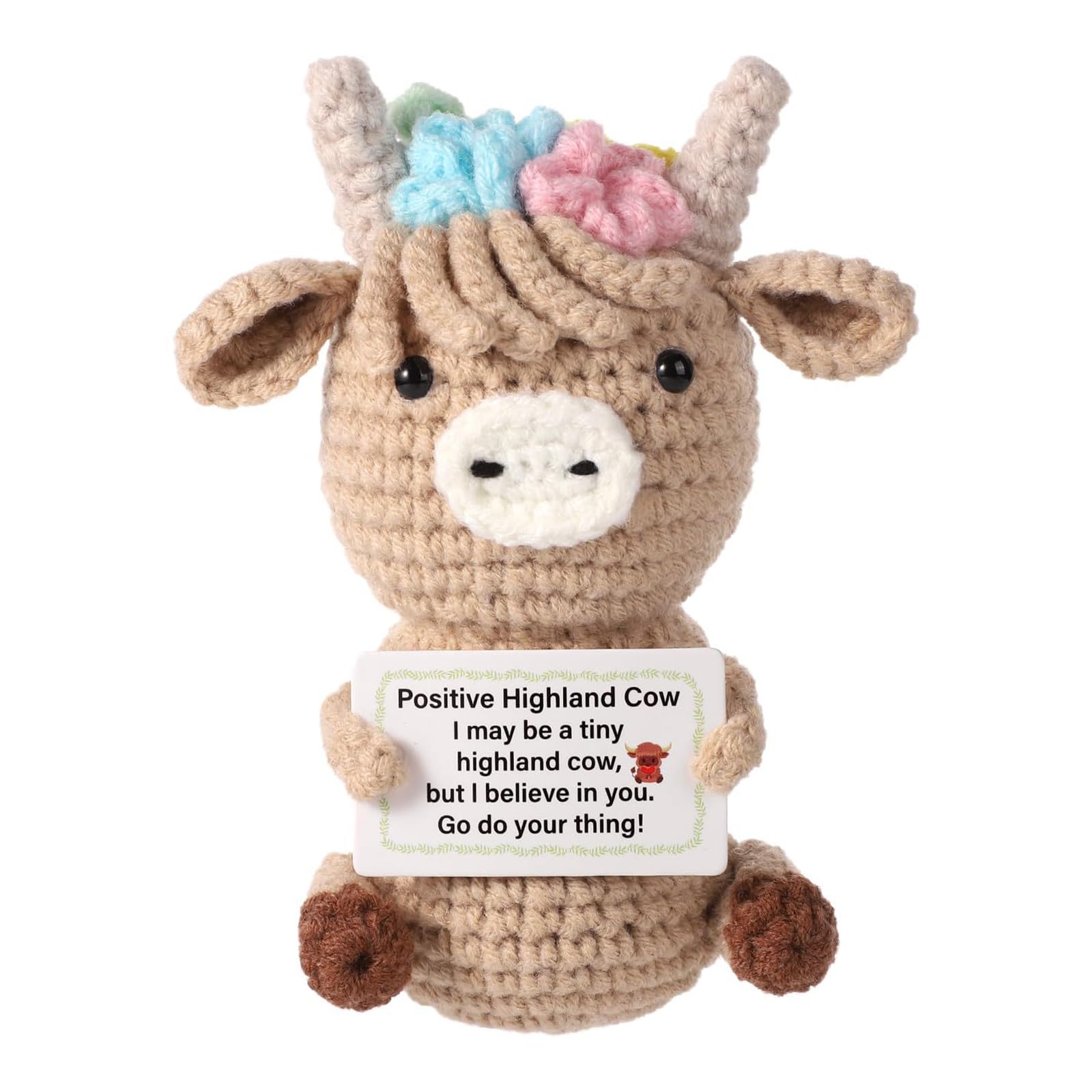Wetopee Positive Highland Cow Crochet Doll, Handmade Knitted Emotional Support Toy with Inspirational Card, Cute Mini Highland Cow Plush Gift for Friends, Family & Desk Decor