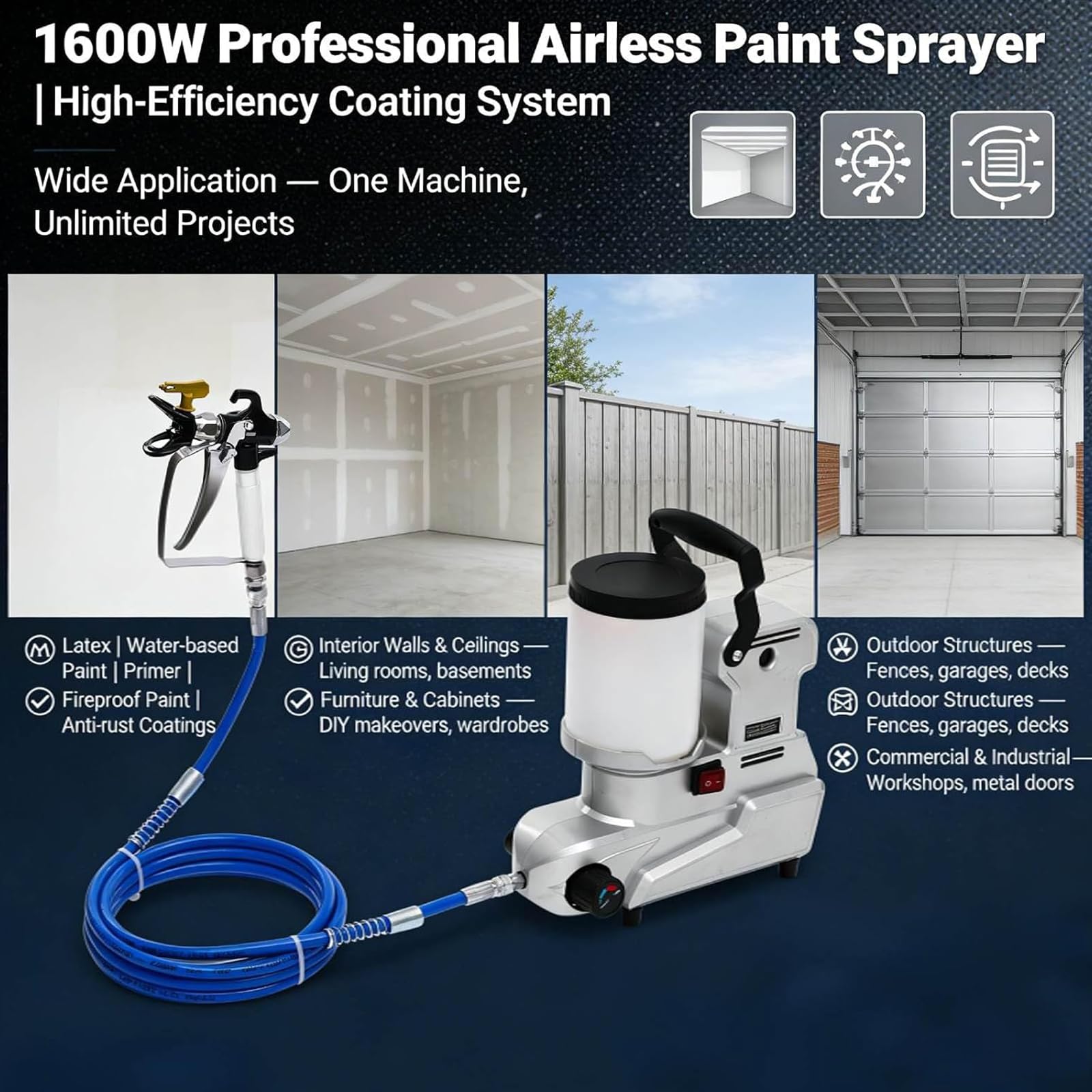 Pulverizador de pintura sin aire de alta presión de 1600 W, presión ajustable, manguera de 5 m, flujo de 2,5 l/min, ideal para pulverización en interiores y exteriores, equipos de prevención de