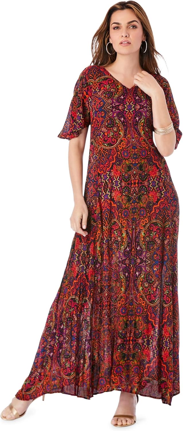 Roaman's Women's Plus Size Flutter-Sleeve Crinkle Dress