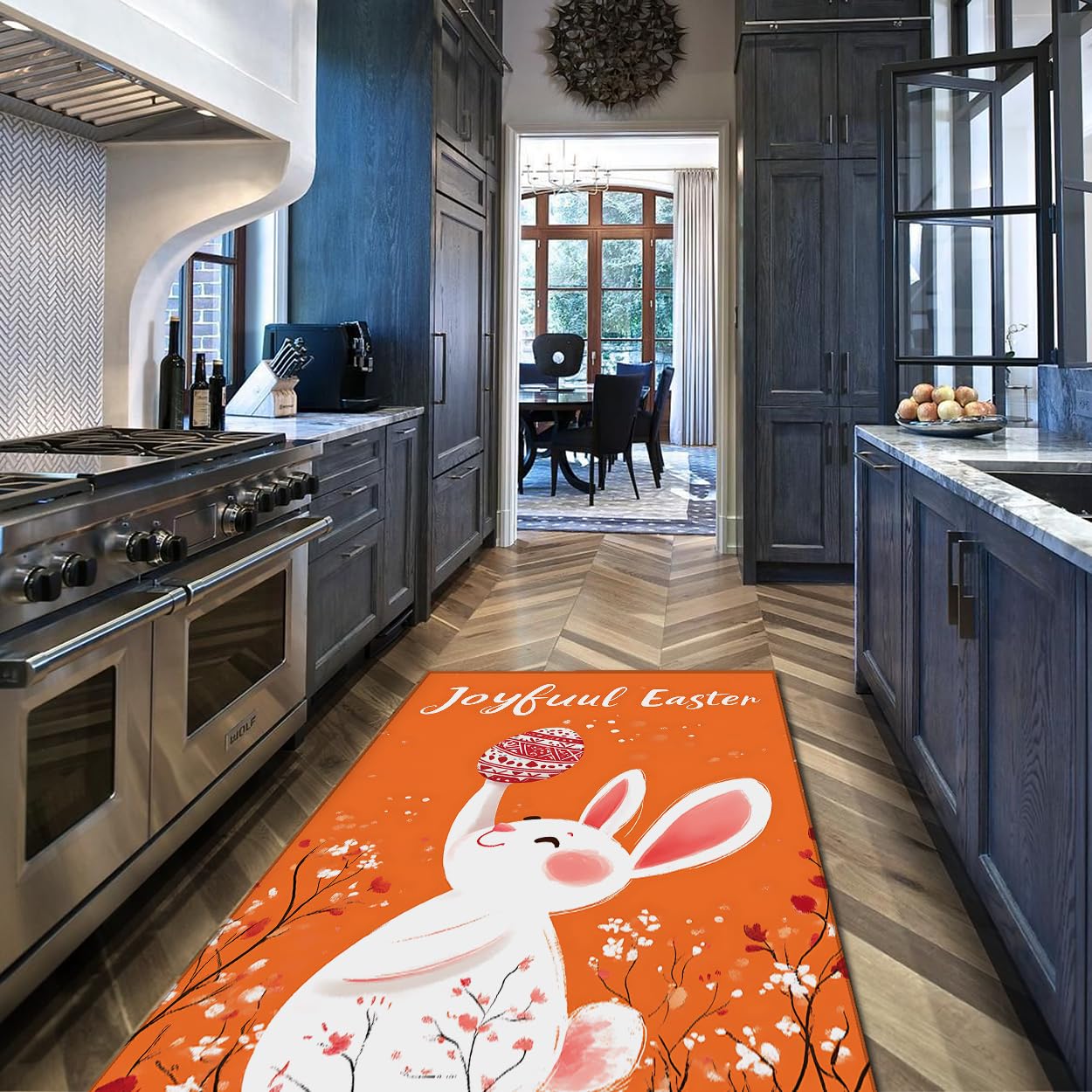 Tapis lapin blanc 80x150cm antidérapant à poils bas avec motifs œufs de Pâques