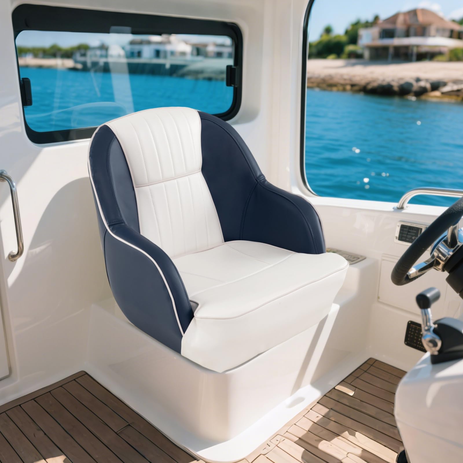 HOMASIS Silla de barco acolchada con respaldo y reposabrazos, asiento para barco impermeable de PVC y espuma, asiento SUP universal, soporta hasta 150 kg (blanco + azul, 55 x 59 x 51 cm)