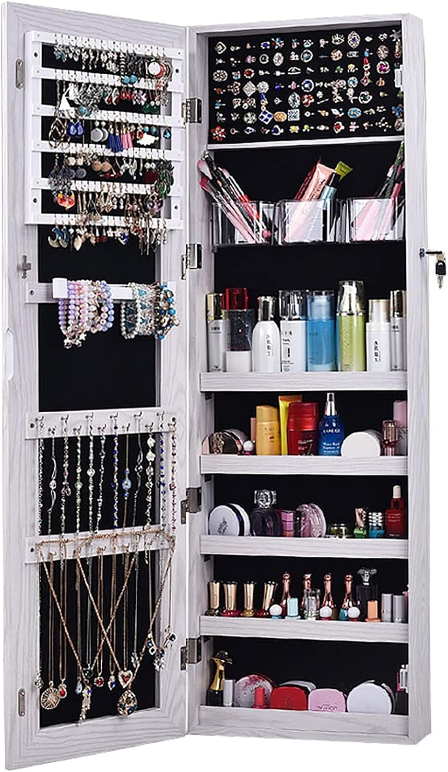 AOOU Jewelry Organizer Jewelry Cabinet,Full Screen Display View Larger Mirror, Full Length Mirror,Large Capacity Dressing Mirror Makeup Jewelry Armoire,White