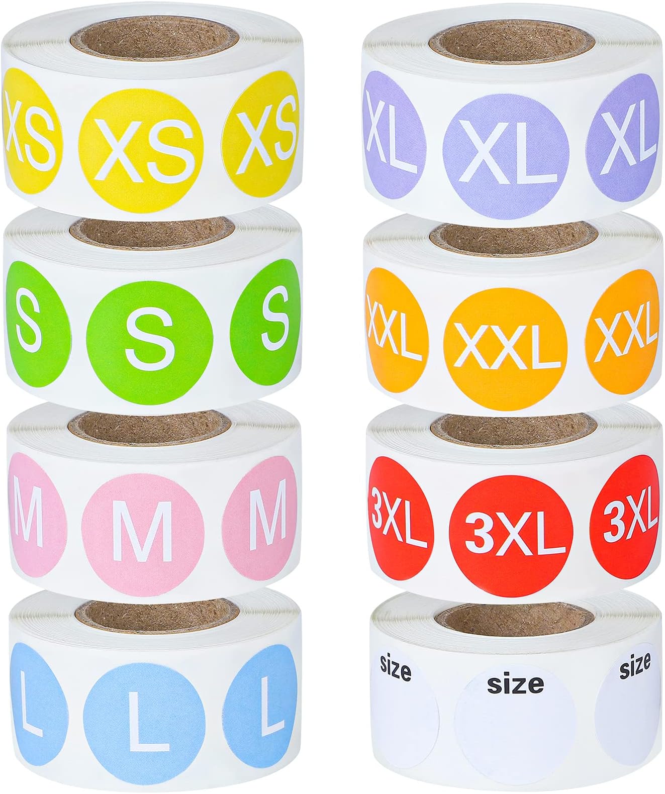 Elcoho 4000 Pieces Clothing Size Sticker Labels Round Color Stickers with Black Text 8 Rolls 7 Sizes and One Roll Blank Size Stickers