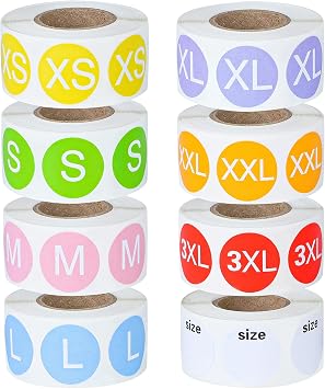 Elcoho 4000 Pieces Clothing Size Sticker Labels Round Color Stickers with Black Text 8 Rolls 7 Sizes and One Roll Blank Size Stickers