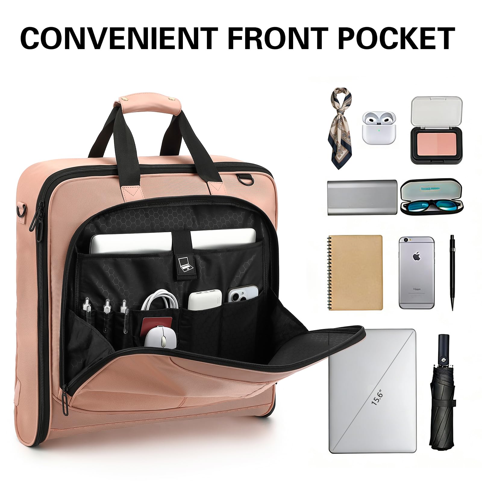 Sac à Costumes pour Femmes Housse à Vêtements de Voyage Hanging Garment Bag avec Sangles et Compartiment pour Ordinateur Portable de 15,6 Pouces, Idéal pour Les Voyages d'affaires, Rose