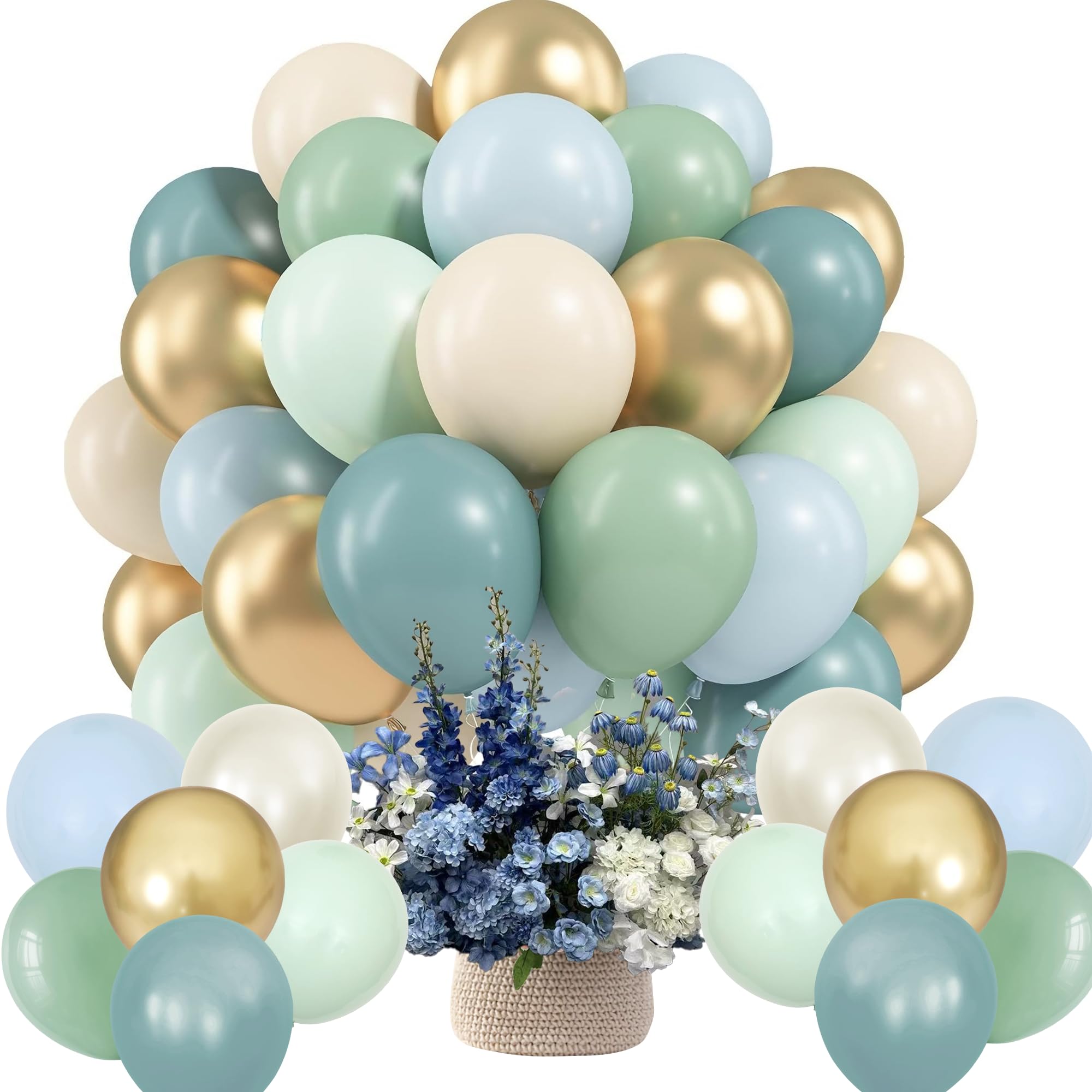 Jiusely 60 Pcs Blue and Green Balloons Kit, 12 Inch Latex Balloons Set with Muted Green, Grey Blue, Gold Balloons and Matching Ribbons for Baby Shower, Birthday, Wedding Decoration Supplies