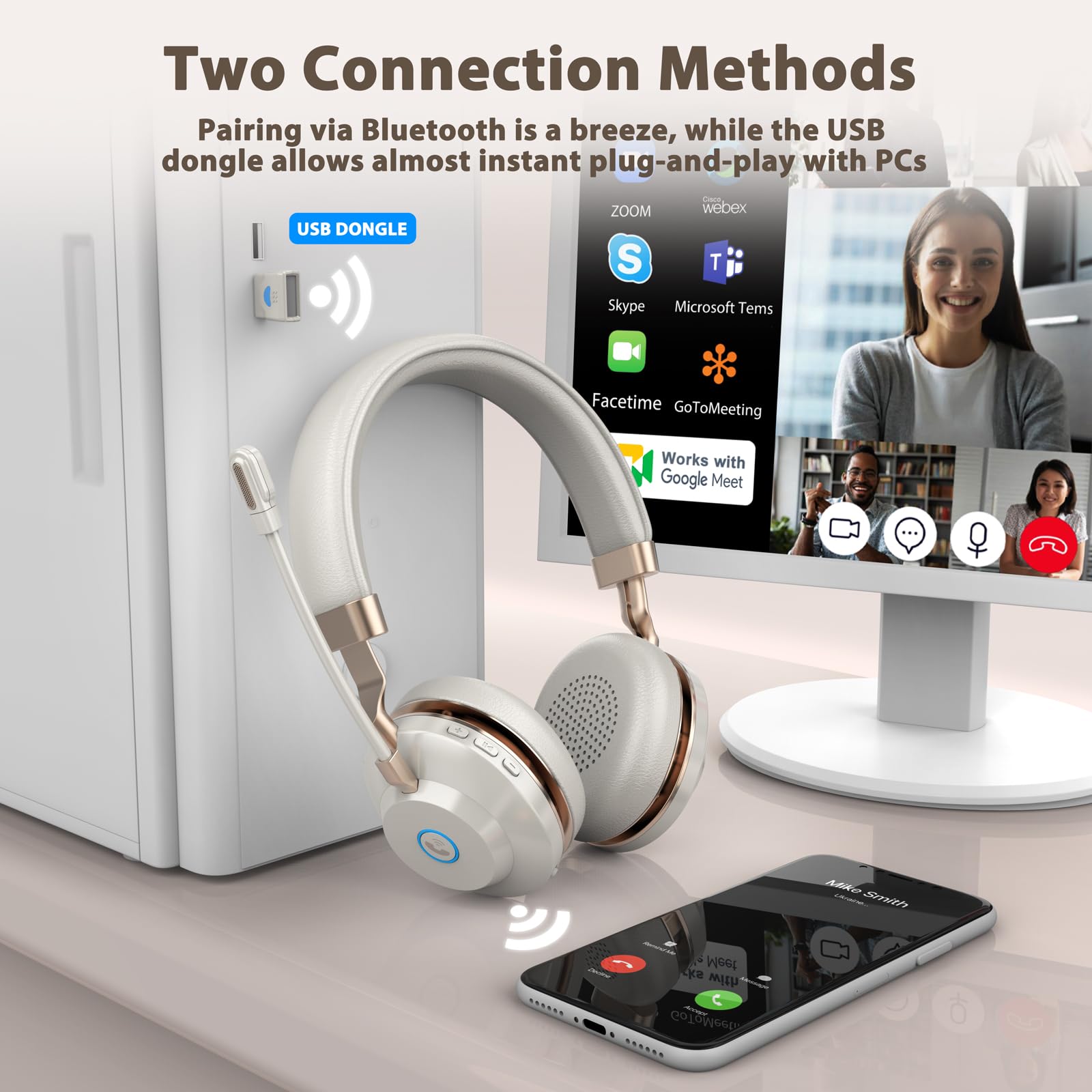 Cuffie wireless con microfono per lavoro, cuffie Bluetooth con microfono a cancellazione del rumore, cuffie wireless on-ear con dongle USB e funzione mute, per lavoro da casa, computer, ufficio