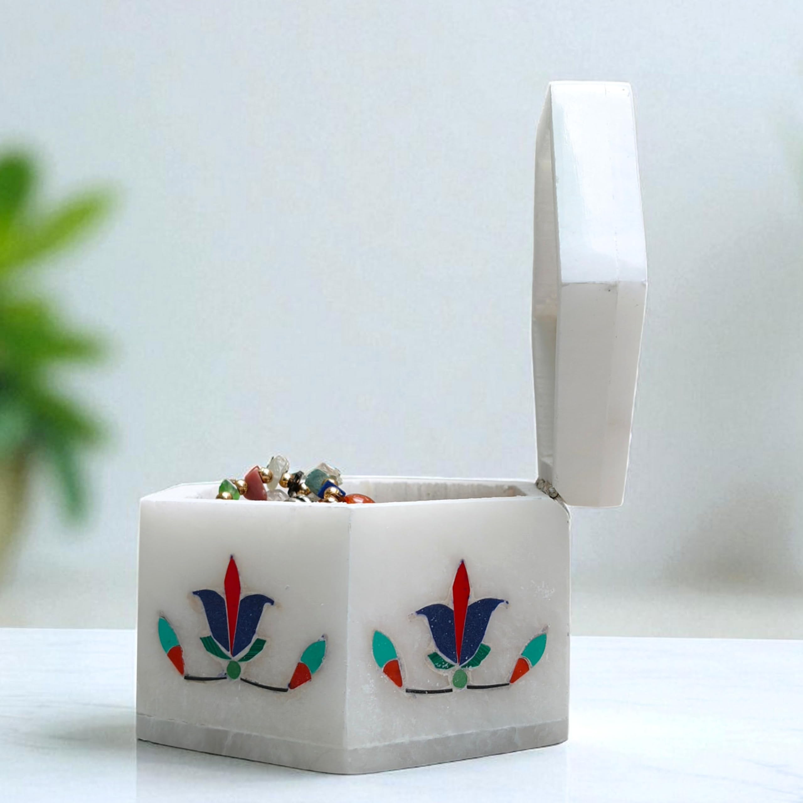 Agra Craft Sechseckige Schmuckschatulle aus weißem Marmor mit Blumeneinlage, handgefertigter Pietra Dura Steinkunst-Schmuckhalter, dekorativer Andenken-Organizer für Heimdekoration, Geschenke oder