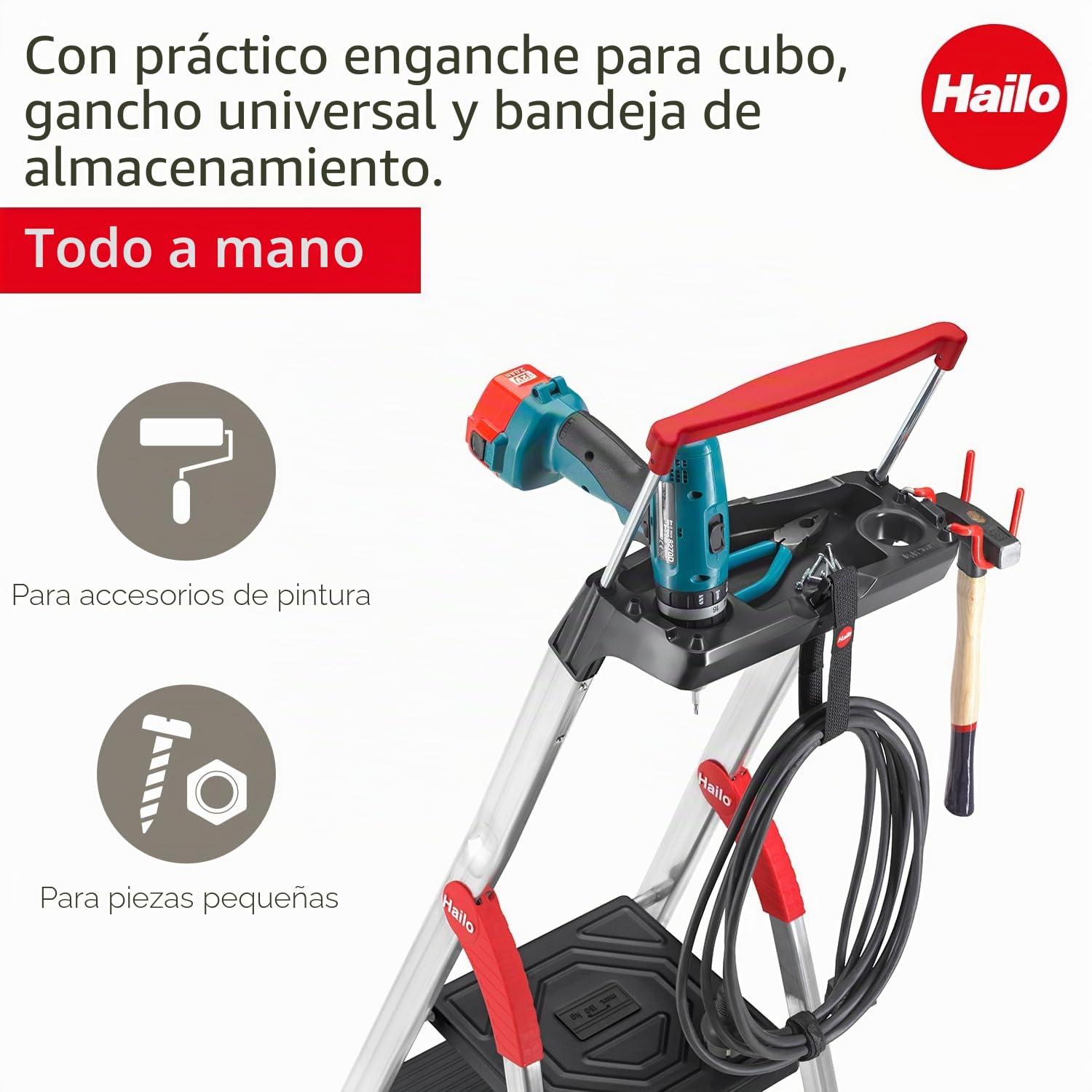 Hailo Topline L100 Escalera de tijera de aluminio de seguridad, 7 peldaños XXL de hasta 150 kg, escalera de pie con soporte extensible, bloqueo de plataforma, muchos accesorios, escalera de aluminio