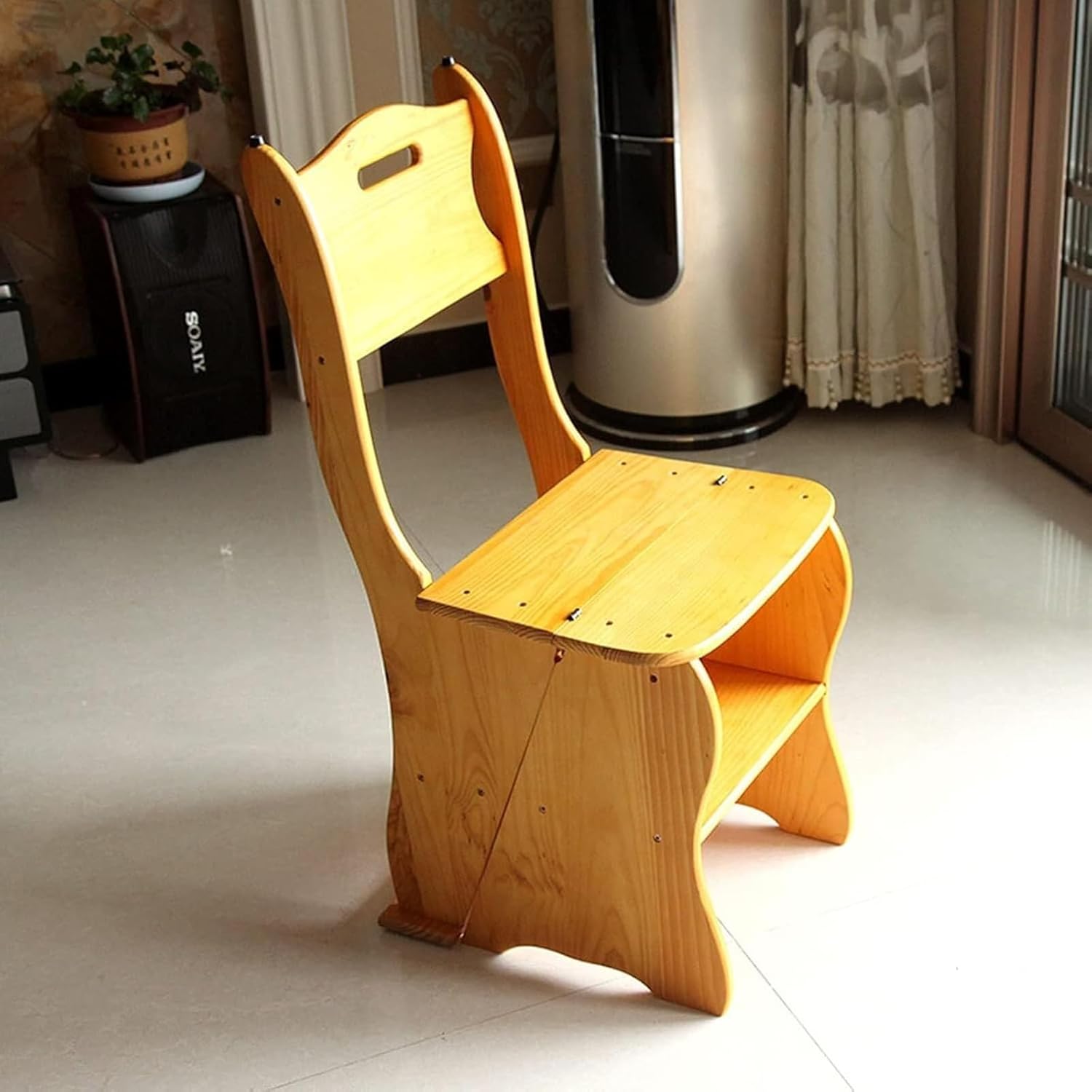 Multifunctional Library Ladder Chair Library Step Stool Chair Ladder Wood Foldable Step Stool Convertible 2 in 1 Foldable Lander Chair Portable 4-Step Stool for Home, Library, Office(Wood Color)