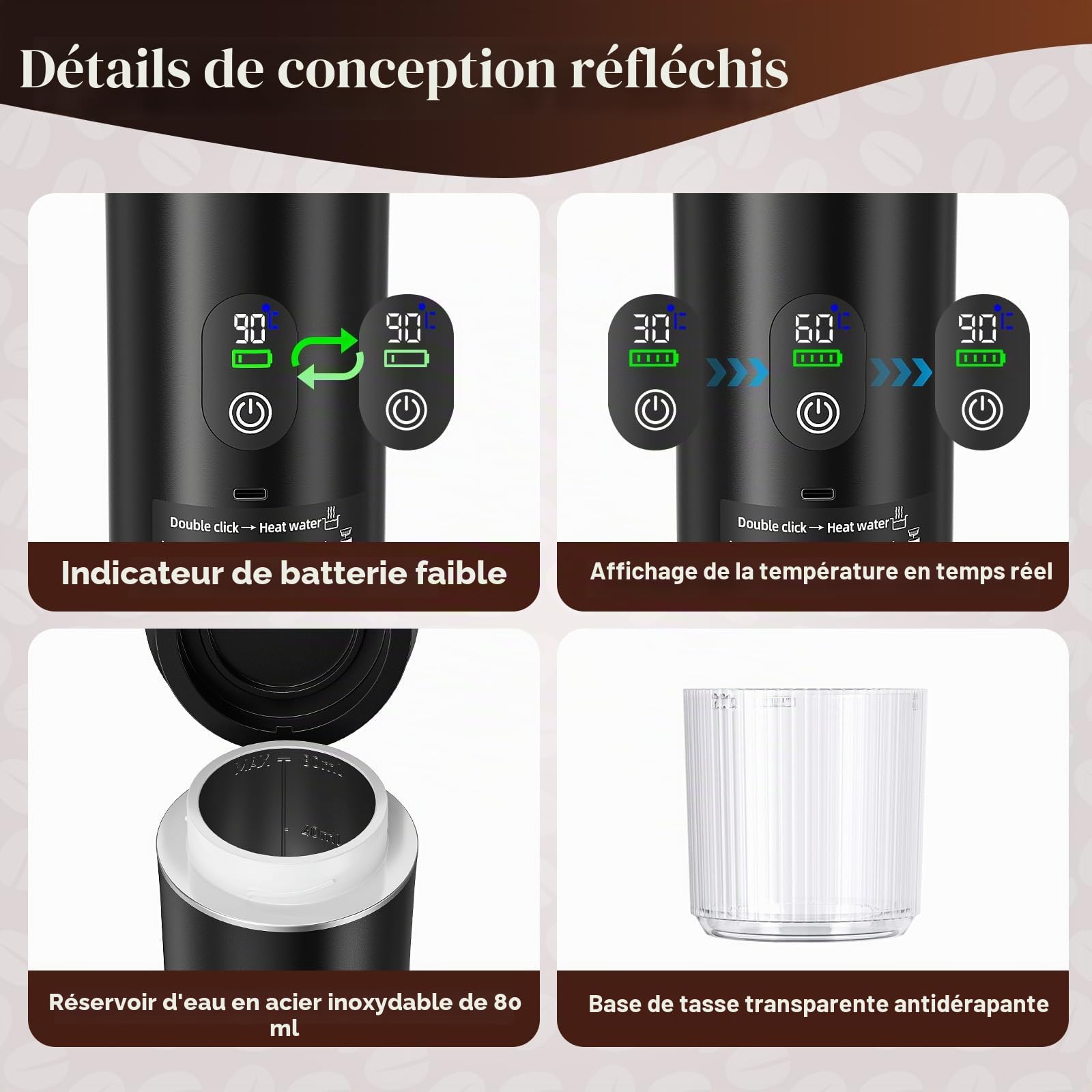 Machine à expresso portable, machine à café électrique 3 en 1, machine à café de camping, mini auto-chauffante compatible avec le café moulu et les capsules de café