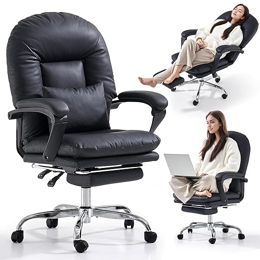 EMIAH Silla de Oficina Ergonómica con Reposapiés, Silla de Escritorio Ejecutiva Reclinable, Sillón de Cuero Genuino, Cómoda Silla de Ordenador Tocador con Ruedas, Bonita Silla para el Hogar, Negro