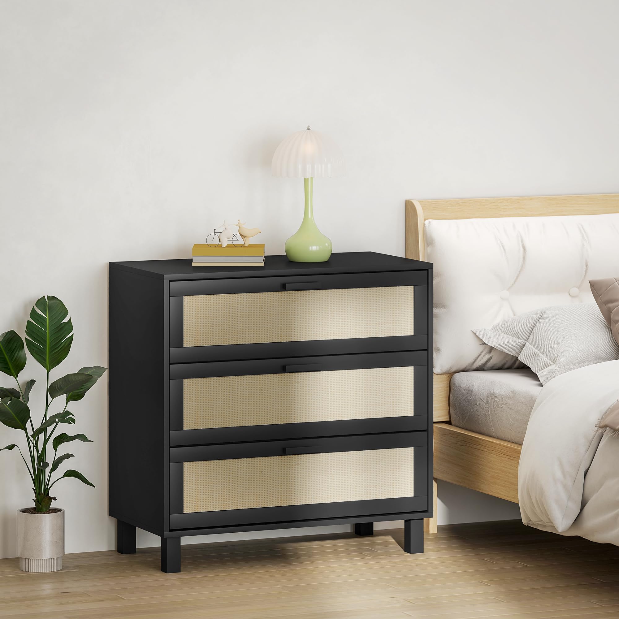 HOMCOM Commode en rotin pour Chambre à Coucher, 3 tiroirs, Commode bohème pour Salon, Couloir, Noir